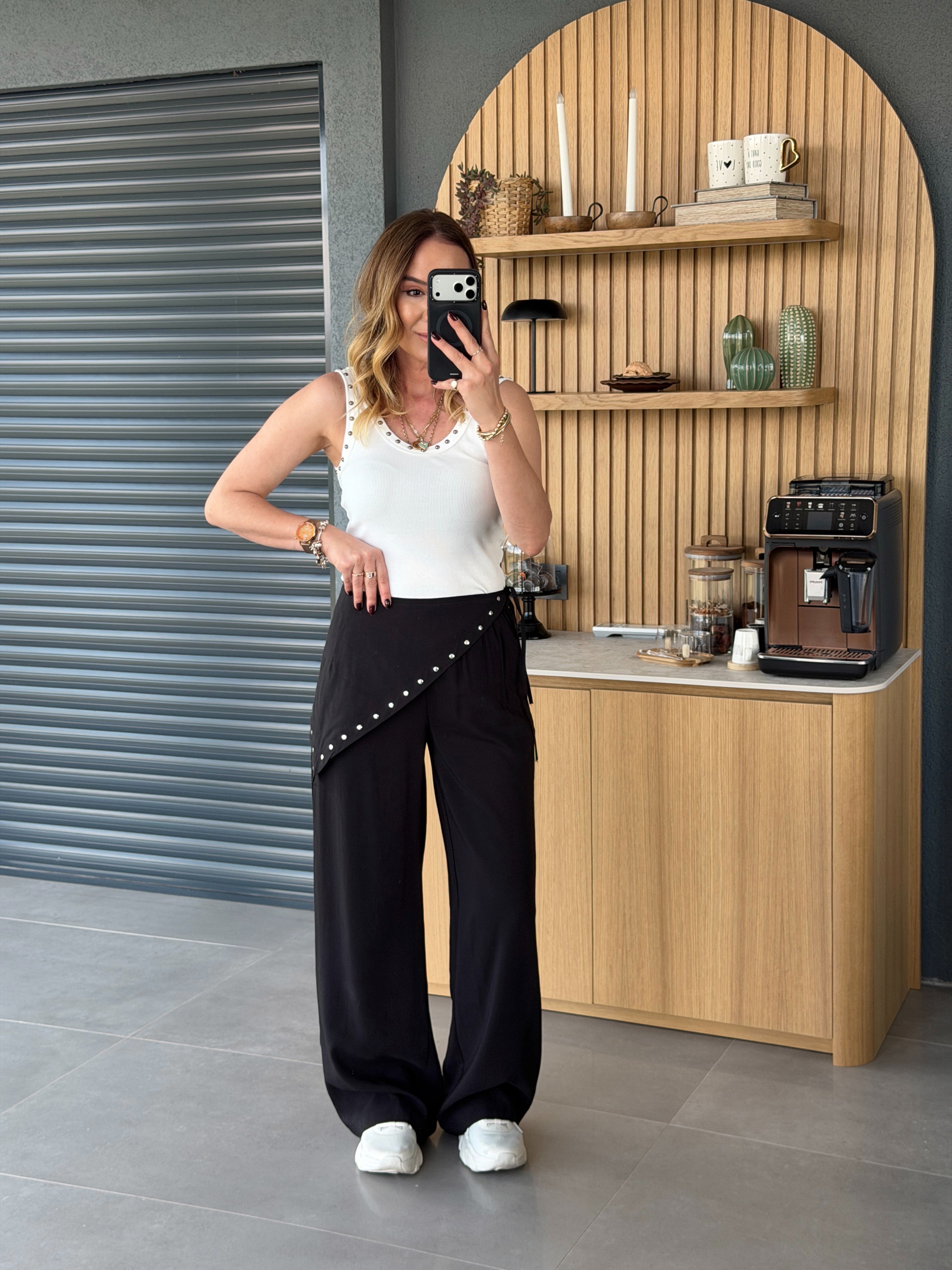 Fularlı Dökümlü Pantolon SİYAH