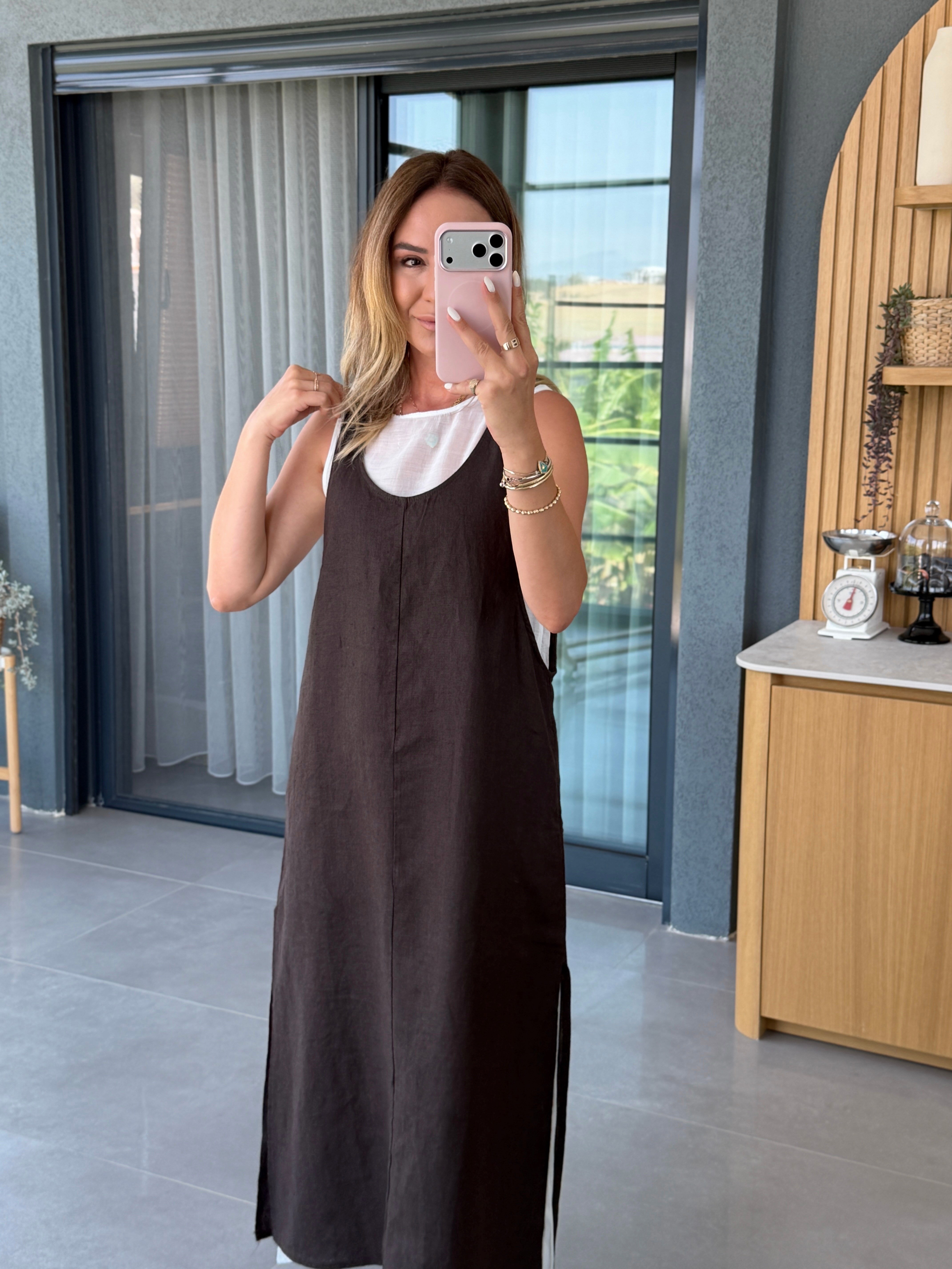 Garnili Yanları Yırtmaçlı Keten Elbise KOYU KAHVE