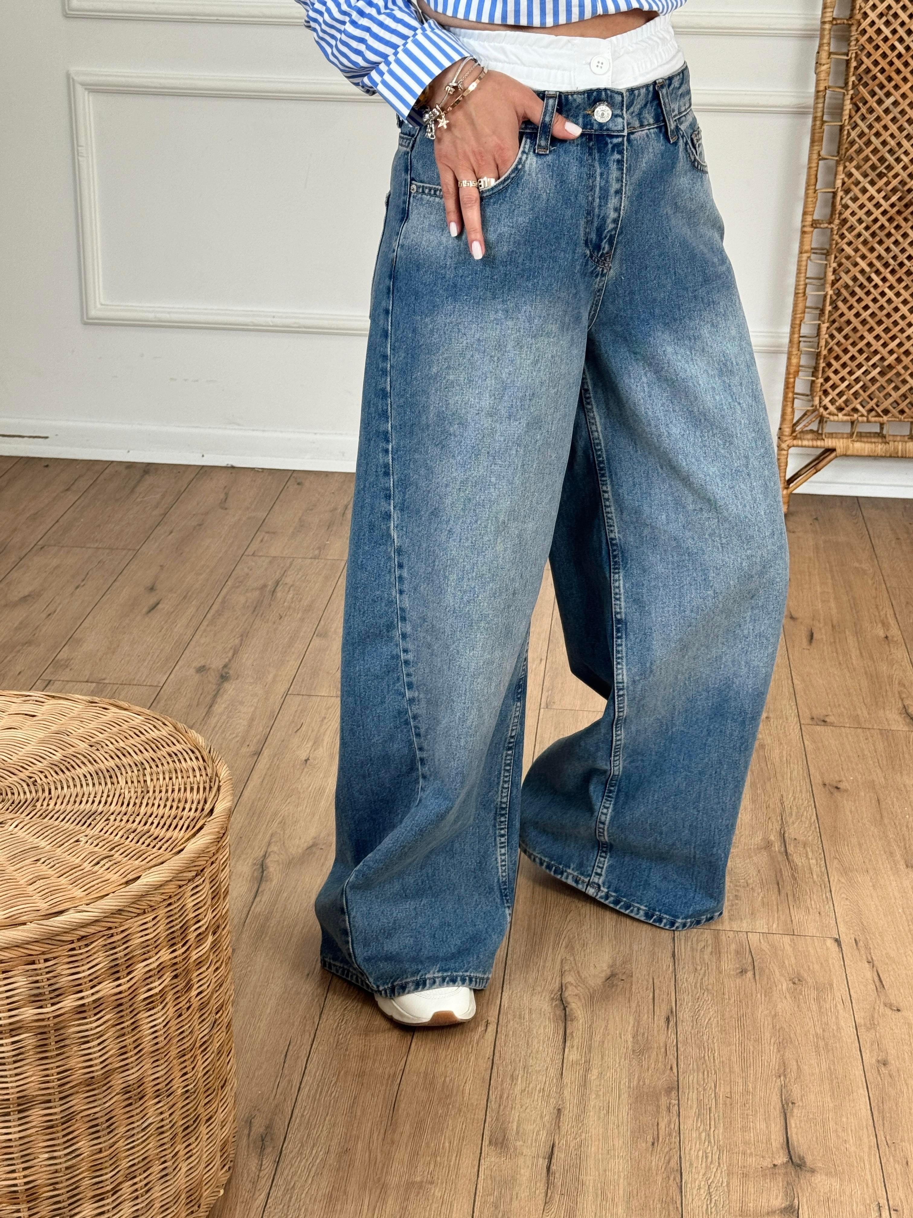 Geniş Paça Asimetrik Jean MAVİ