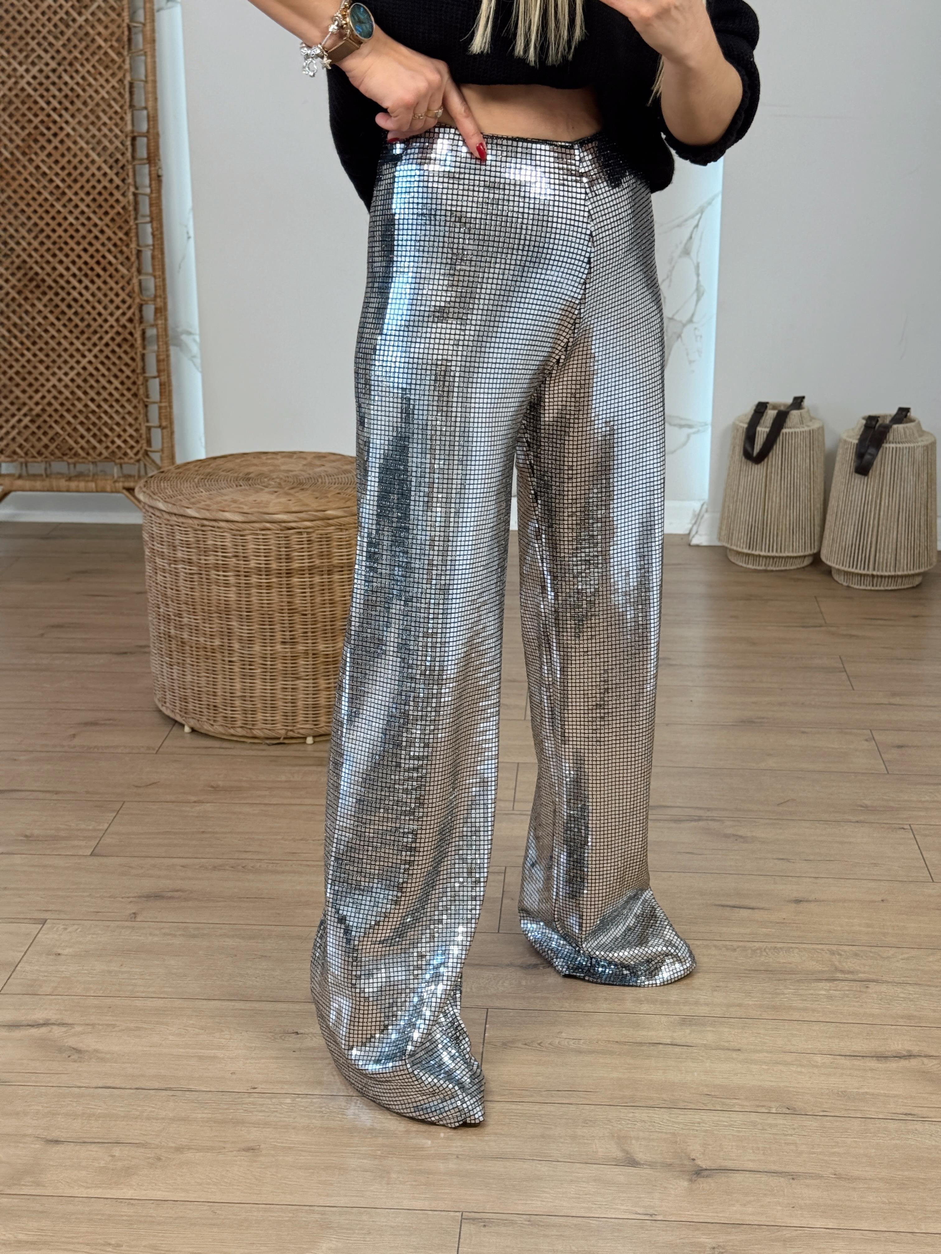 Geniş Paça Pullu Parlak Pantolon GÜMÜŞ