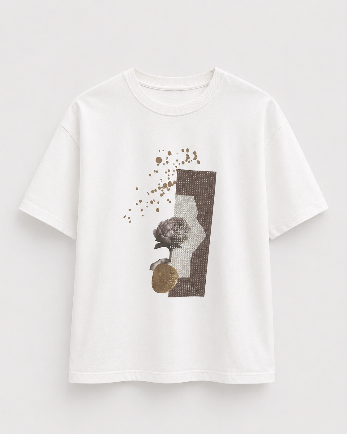 Gül Desenli Taşlı Tshirt EKRU