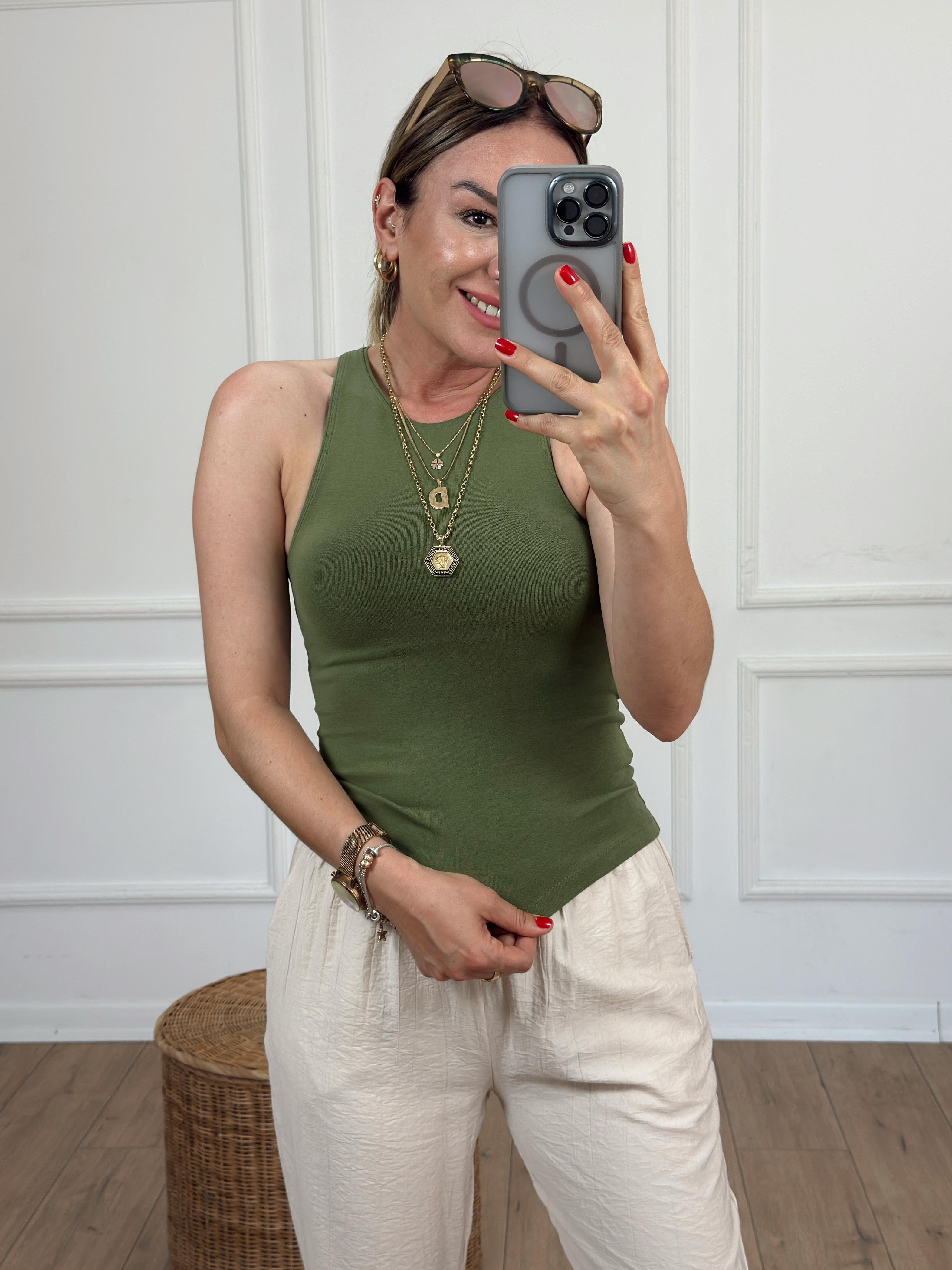 Halter Yaka Basic Tshirt HAKİ