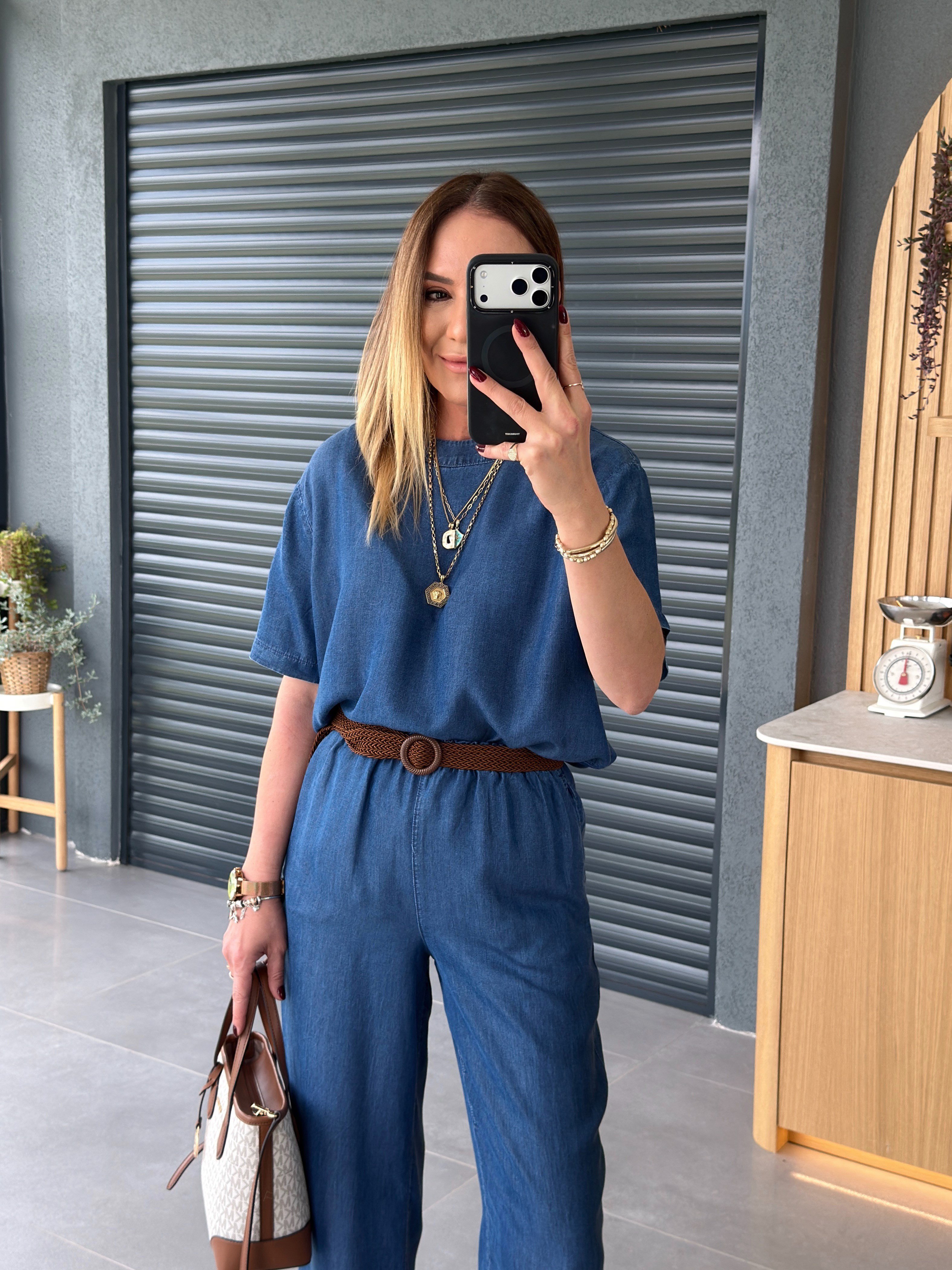 Hasır Kemerli Denim İkili Takım MAVİ