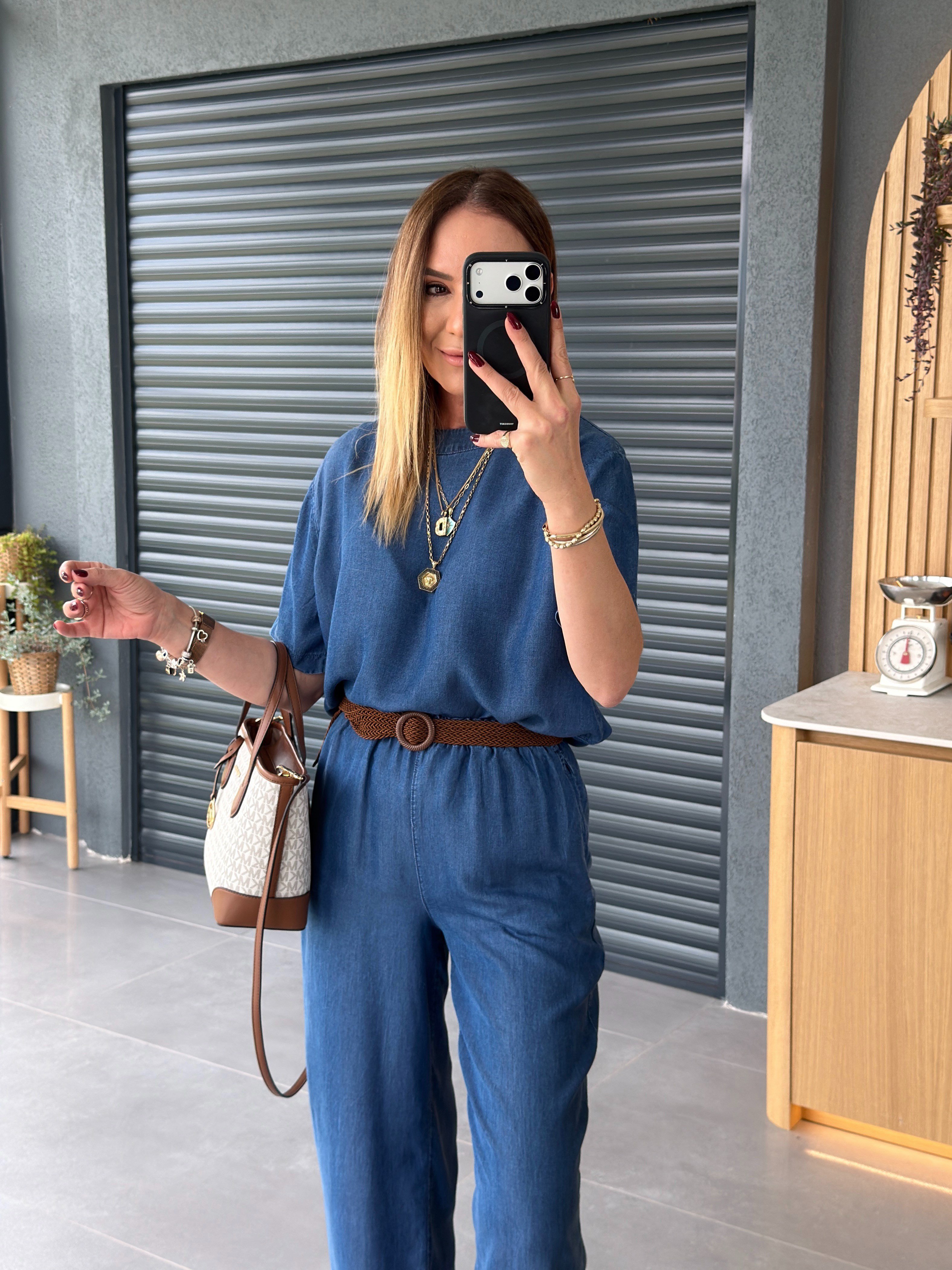 Hasır Kemerli Denim İkili Takım MAVİ