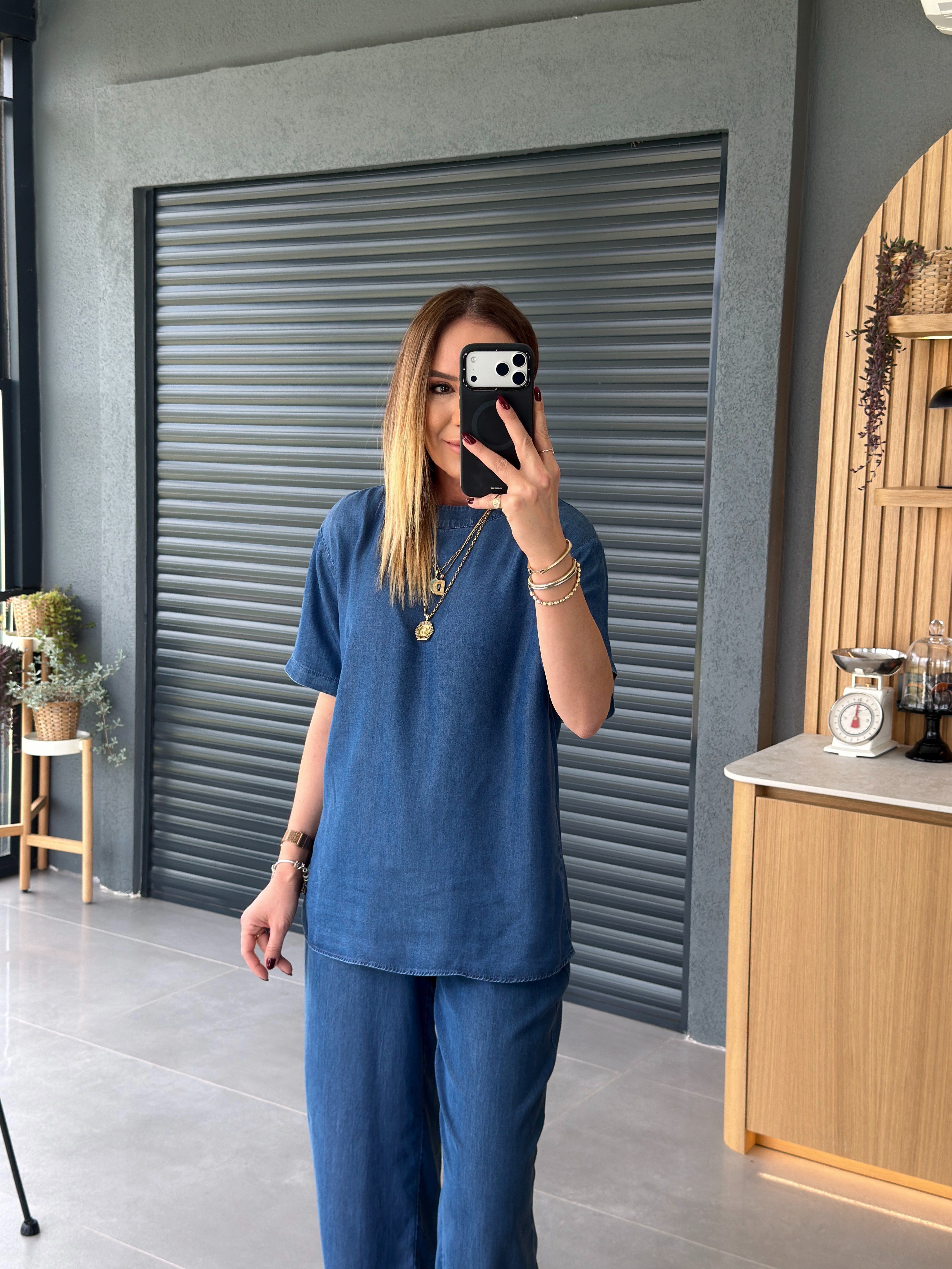 Hasır Kemerli Denim İkili Takım MAVİ