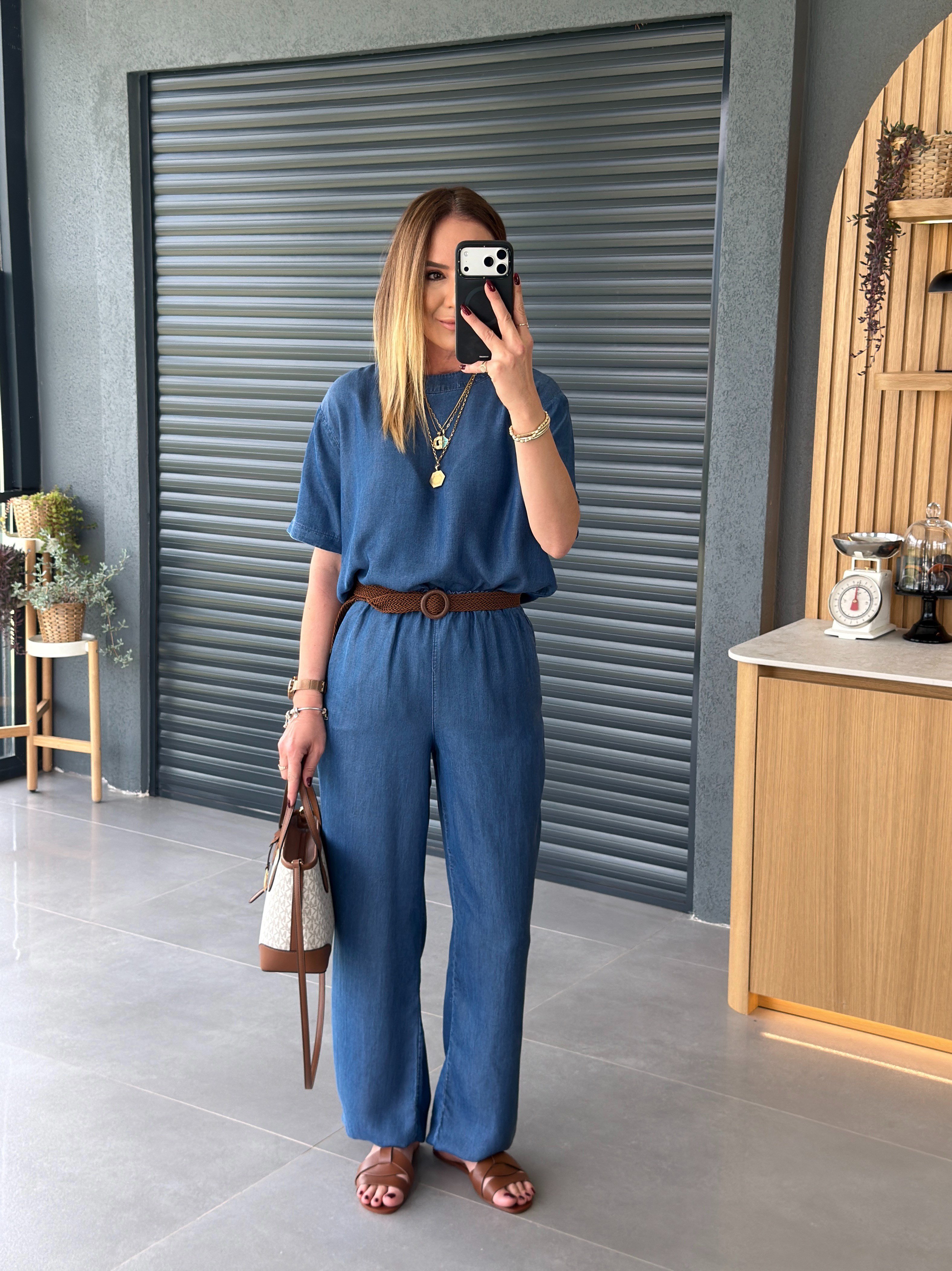 Hasır Kemerli Denim İkili Takım MAVİ