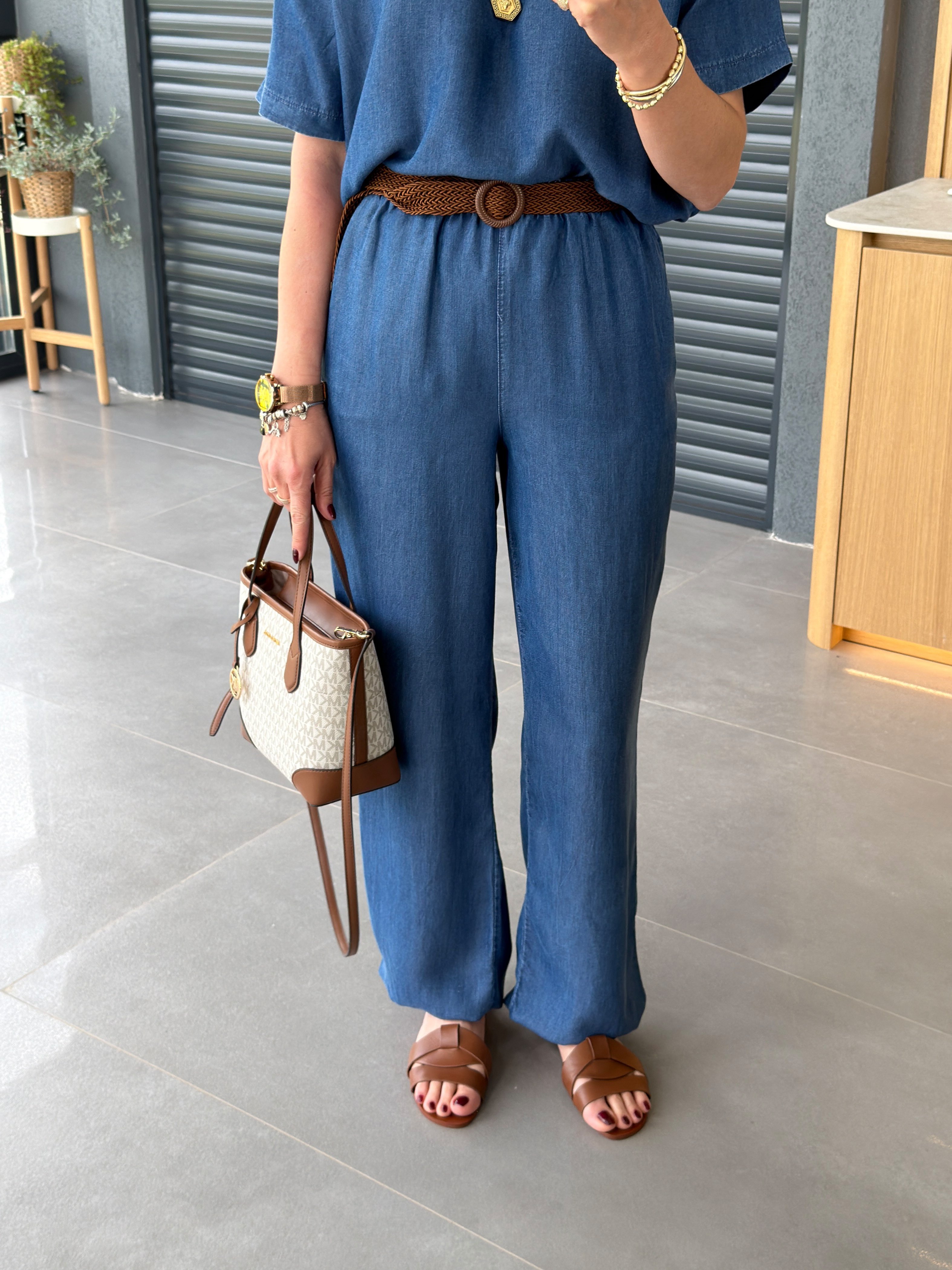 Hasır Kemerli Denim İkili Takım MAVİ