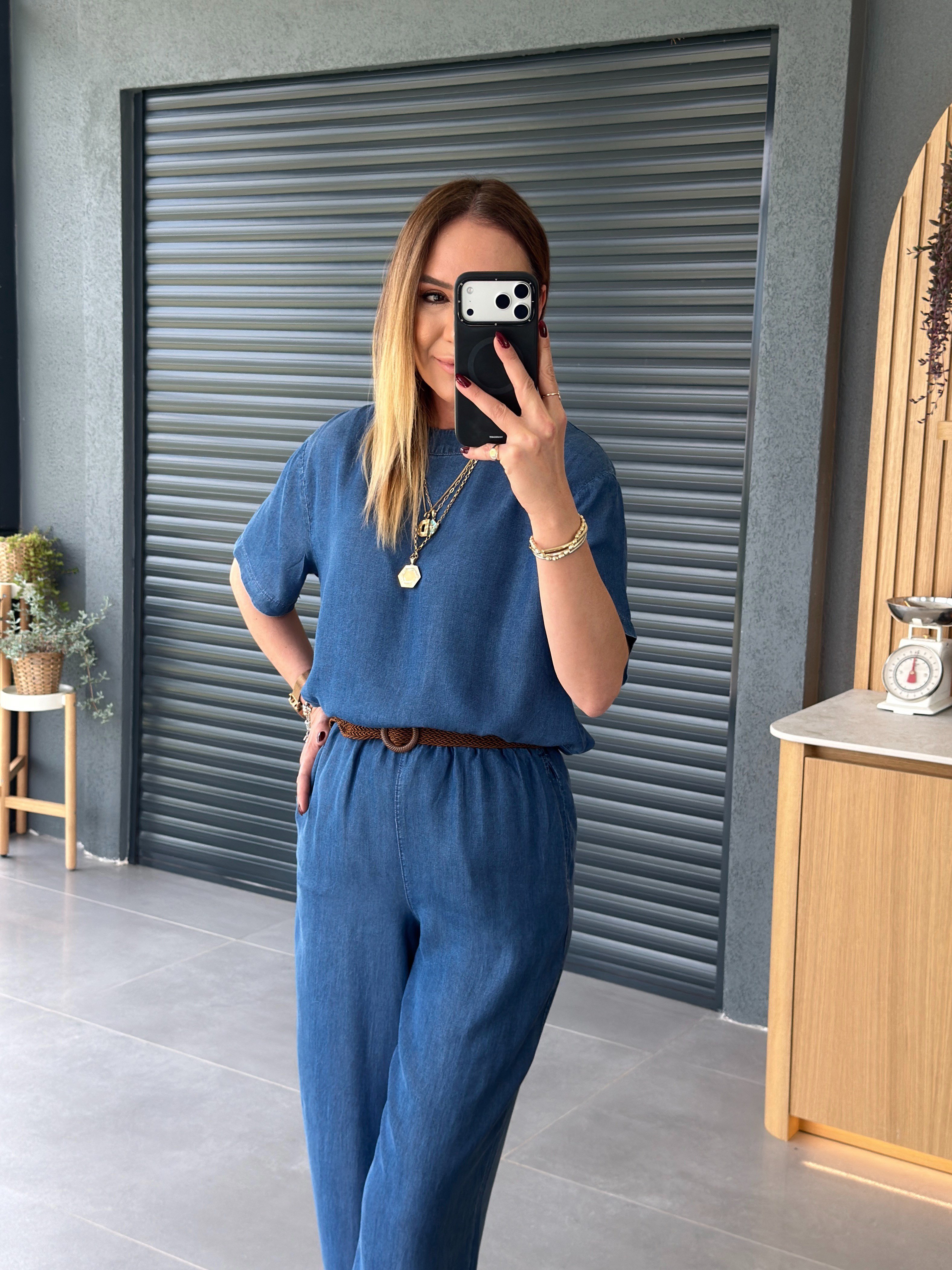 Hasır Kemerli Denim İkili Takım MAVİ
