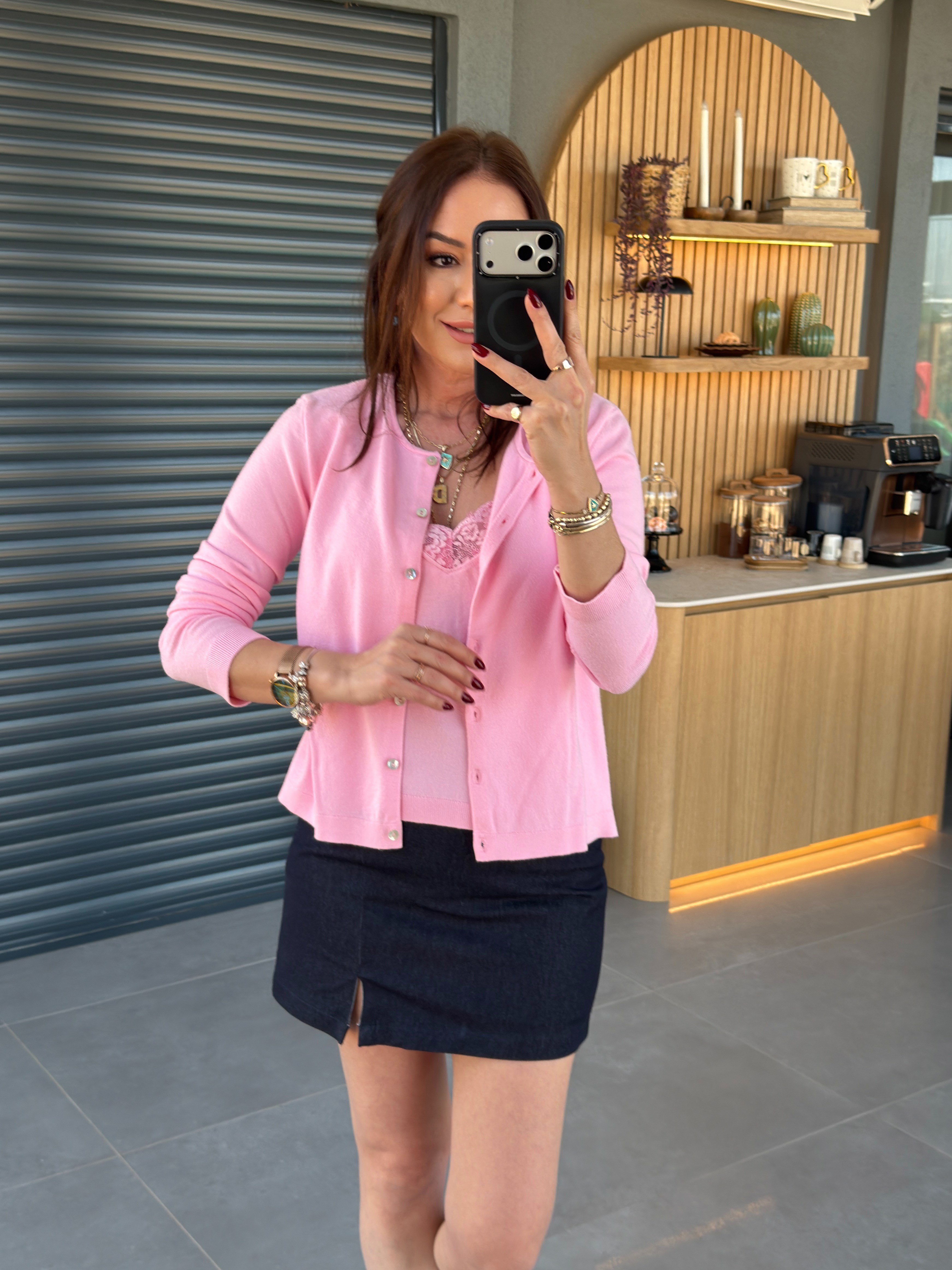 İçi Dantel Askılı Hırka PEMBE