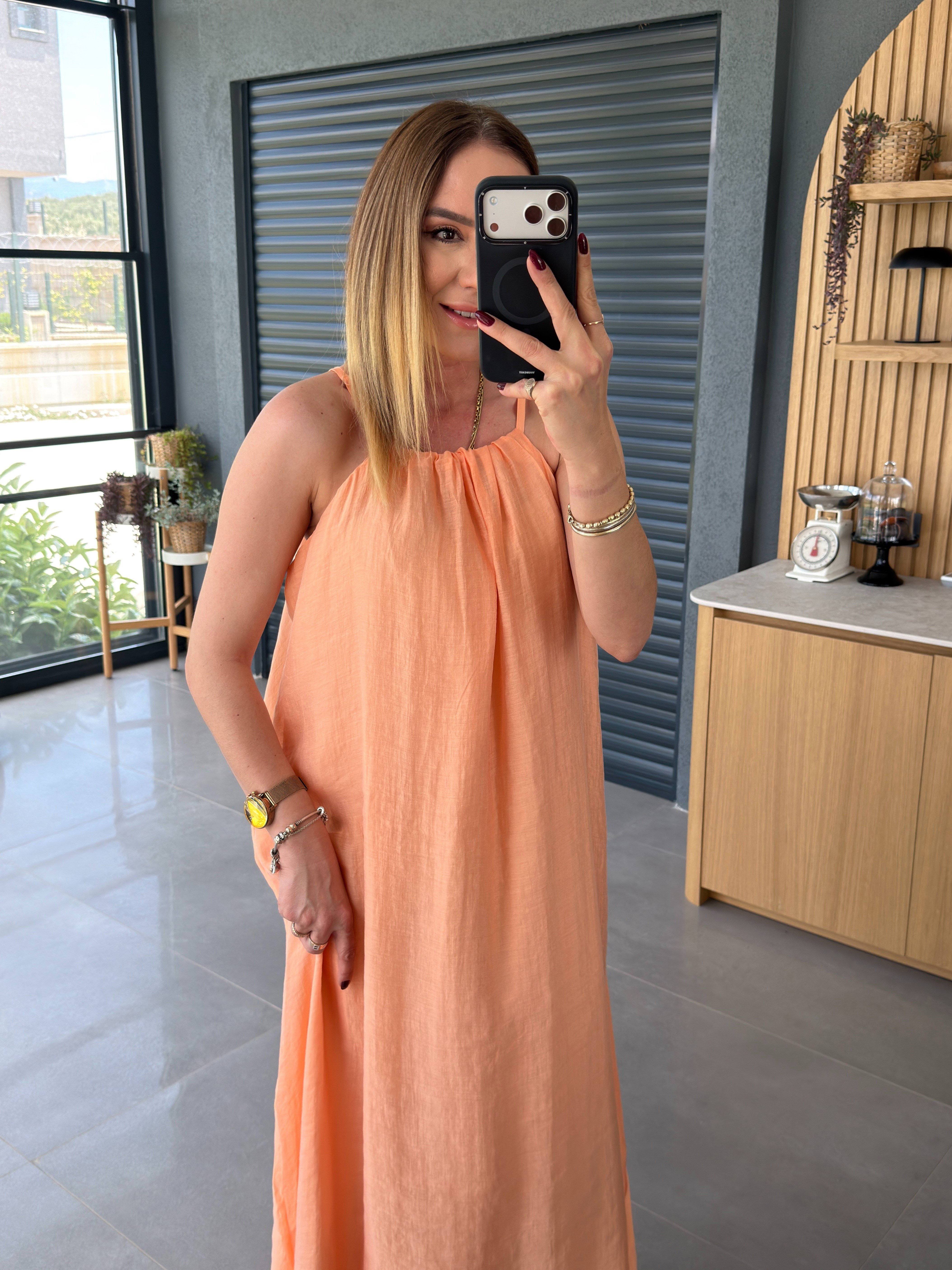 İnce Askılı Salaş Astarlı Elbise ORANGE