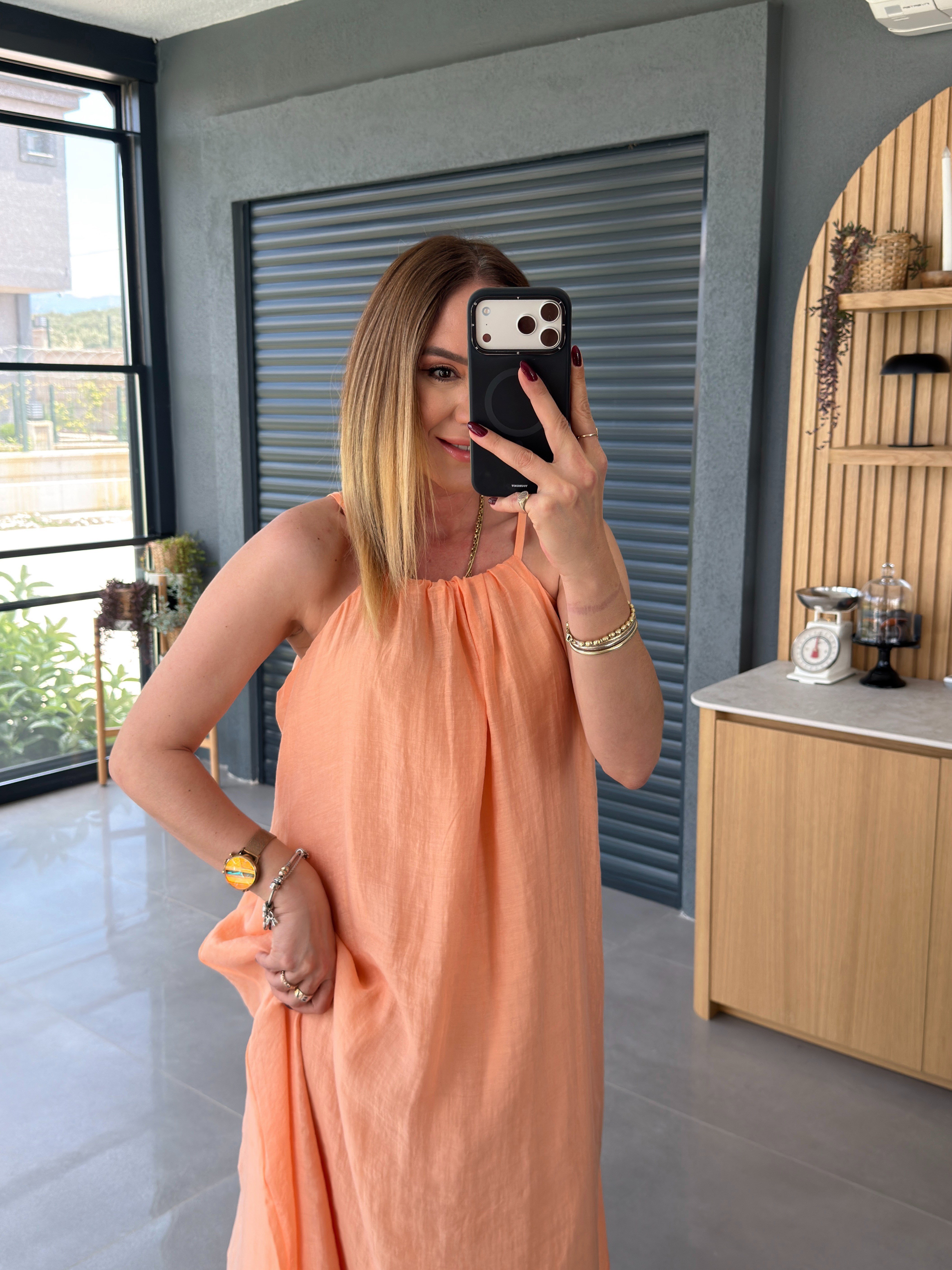 İnce Askılı Salaş Astarlı Elbise ORANGE