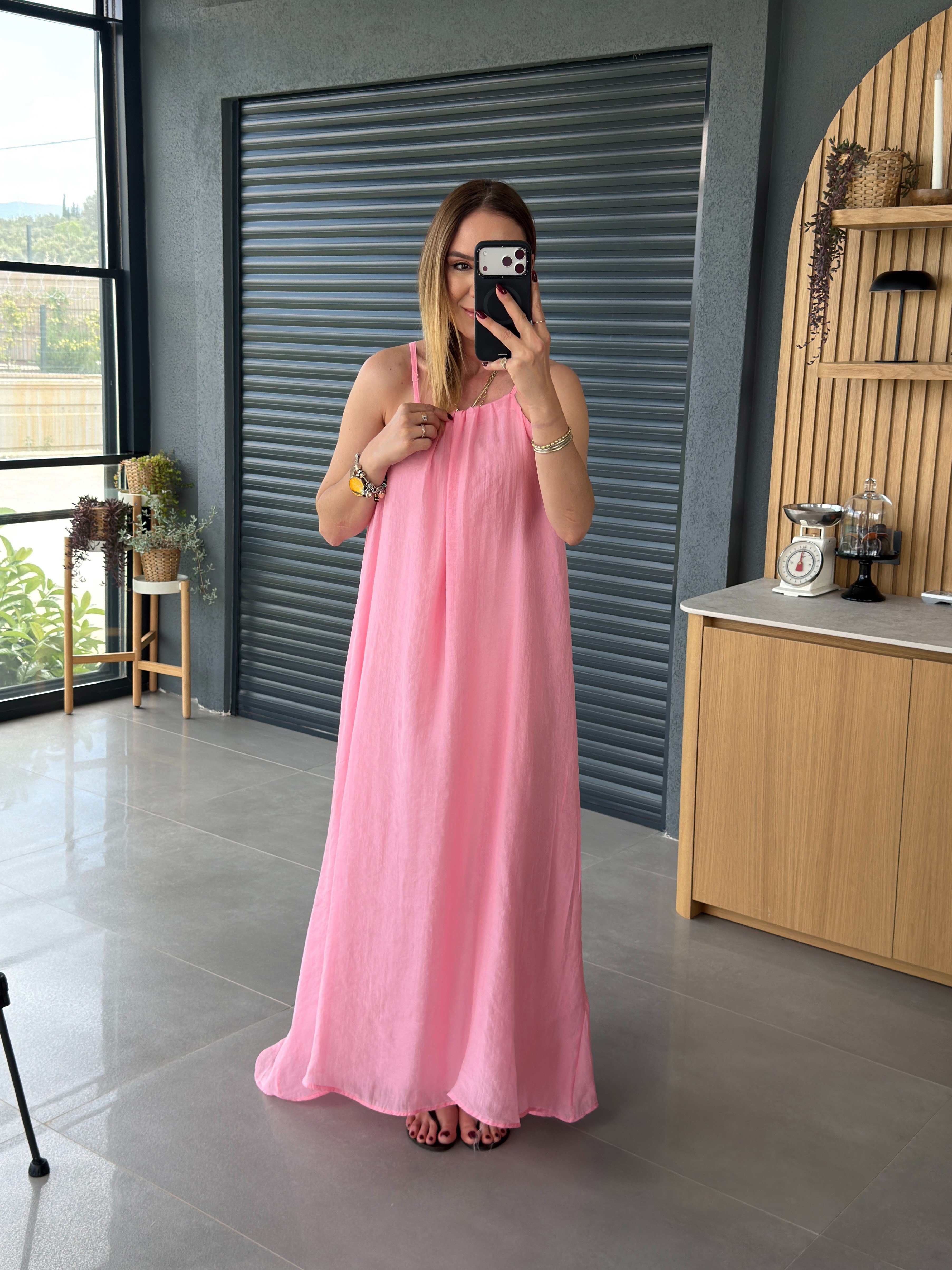 İnce Askılı Salaş Astarlı Elbise PEMBE