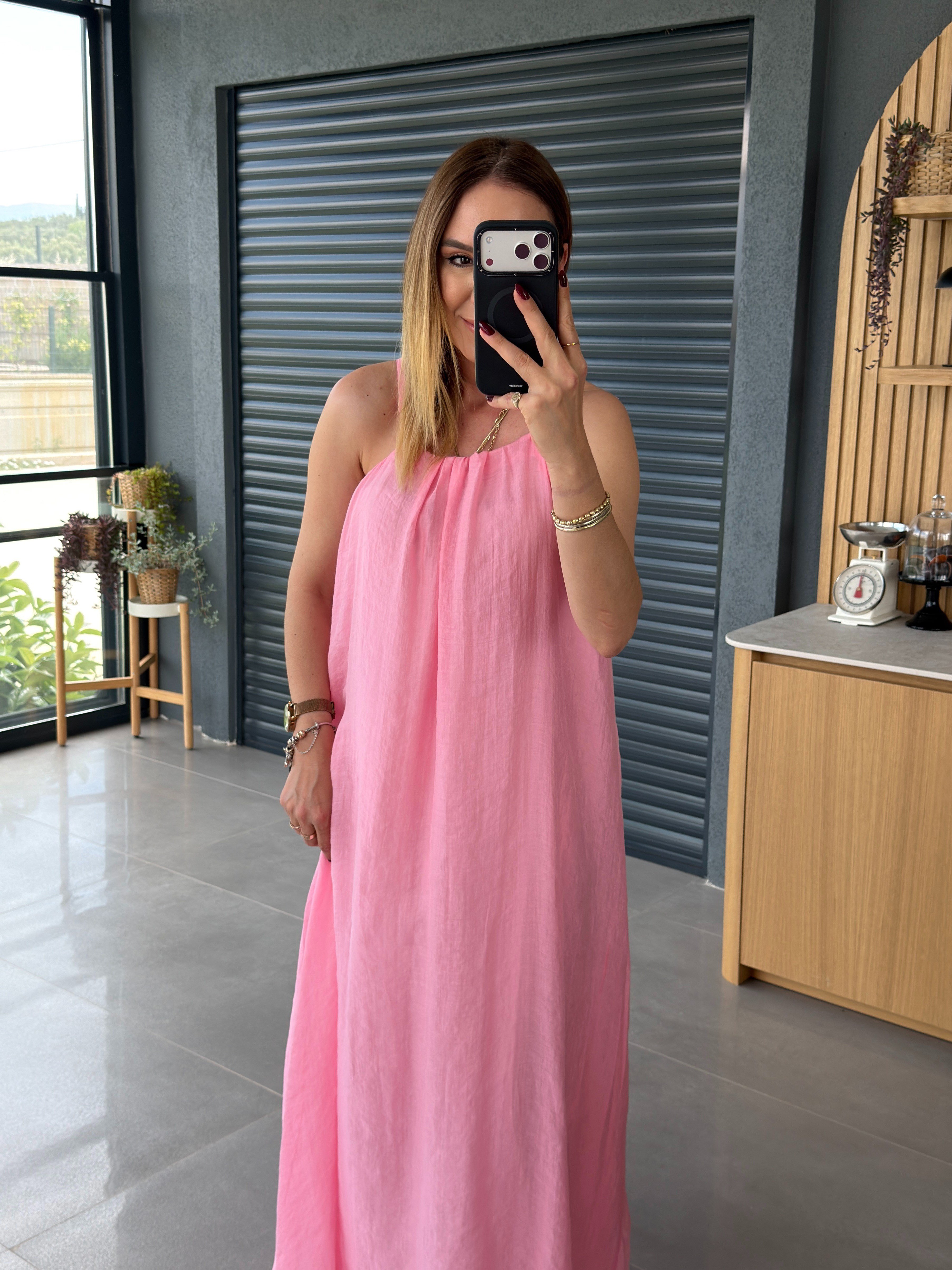 İnce Askılı Salaş Astarlı Elbise PEMBE