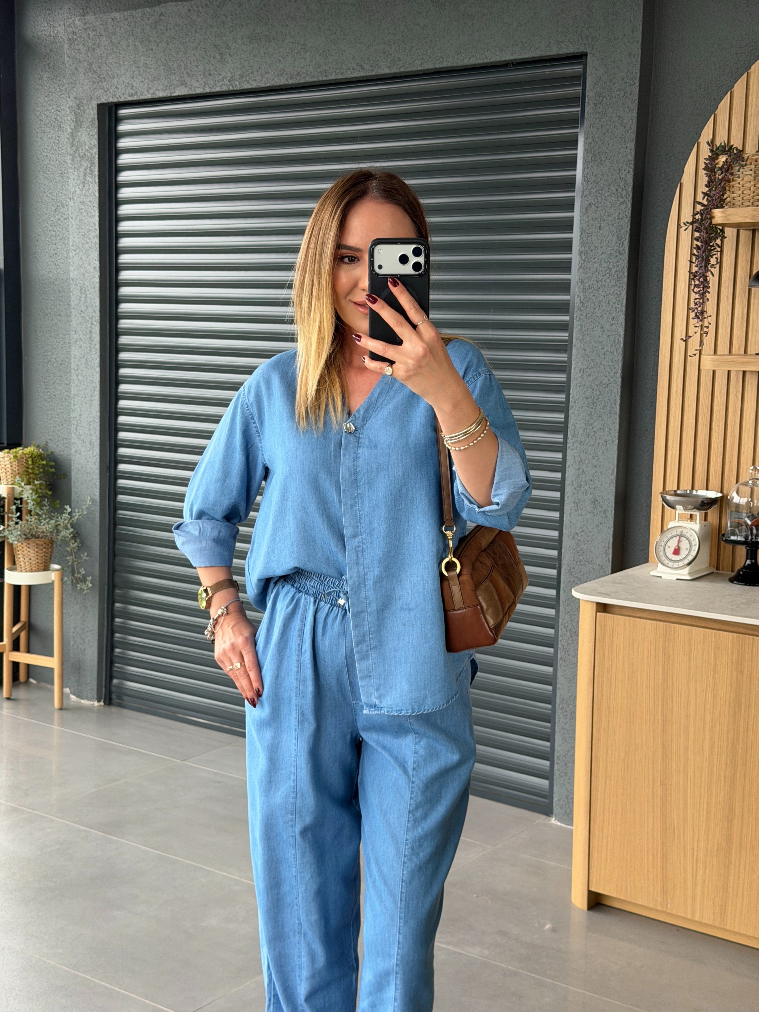 İnce Denim Salaş Gömlekli Takım AÇIK MAVİ