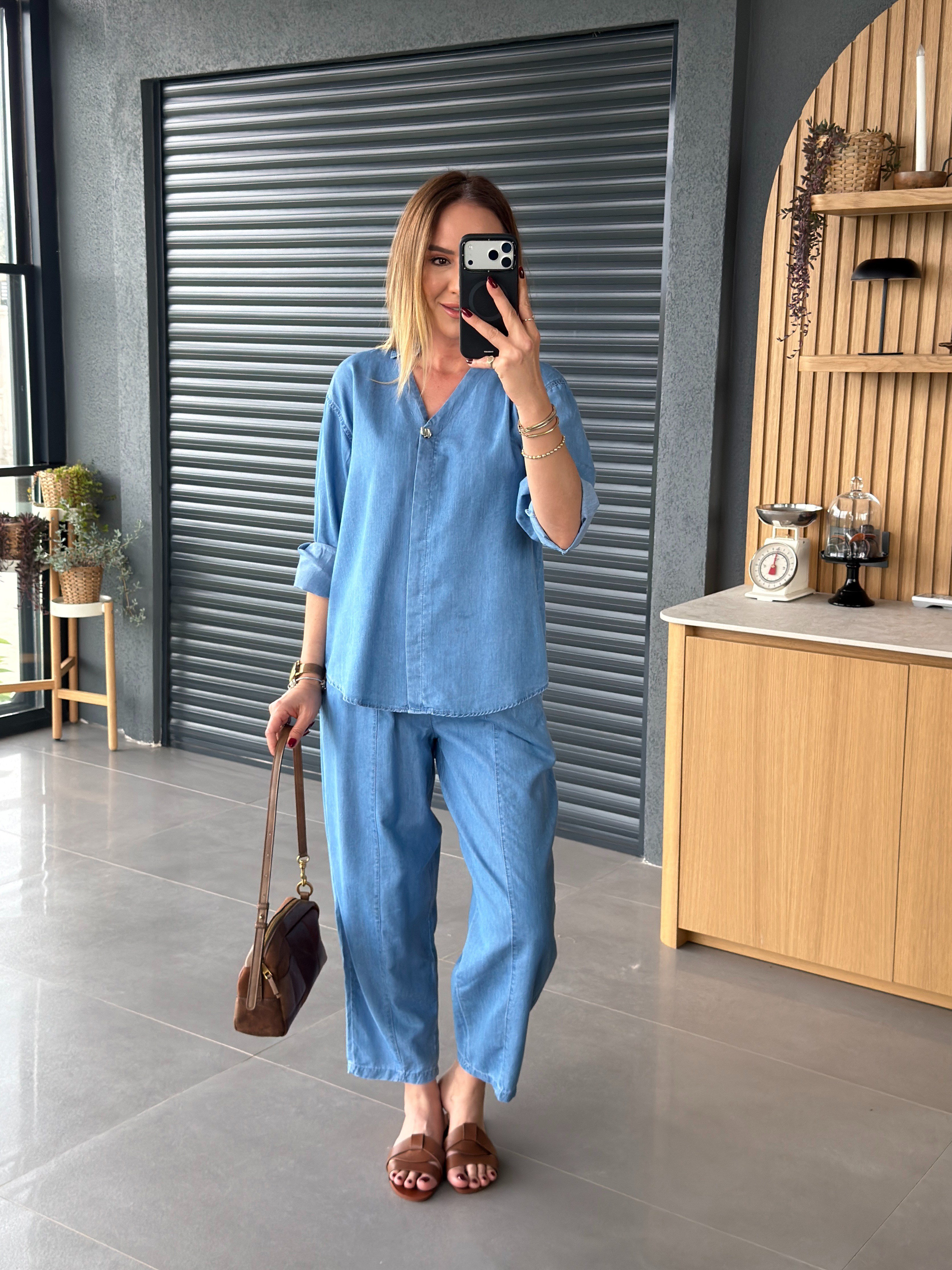 İnce Denim Salaş Gömlekli Takım AÇIK MAVİ