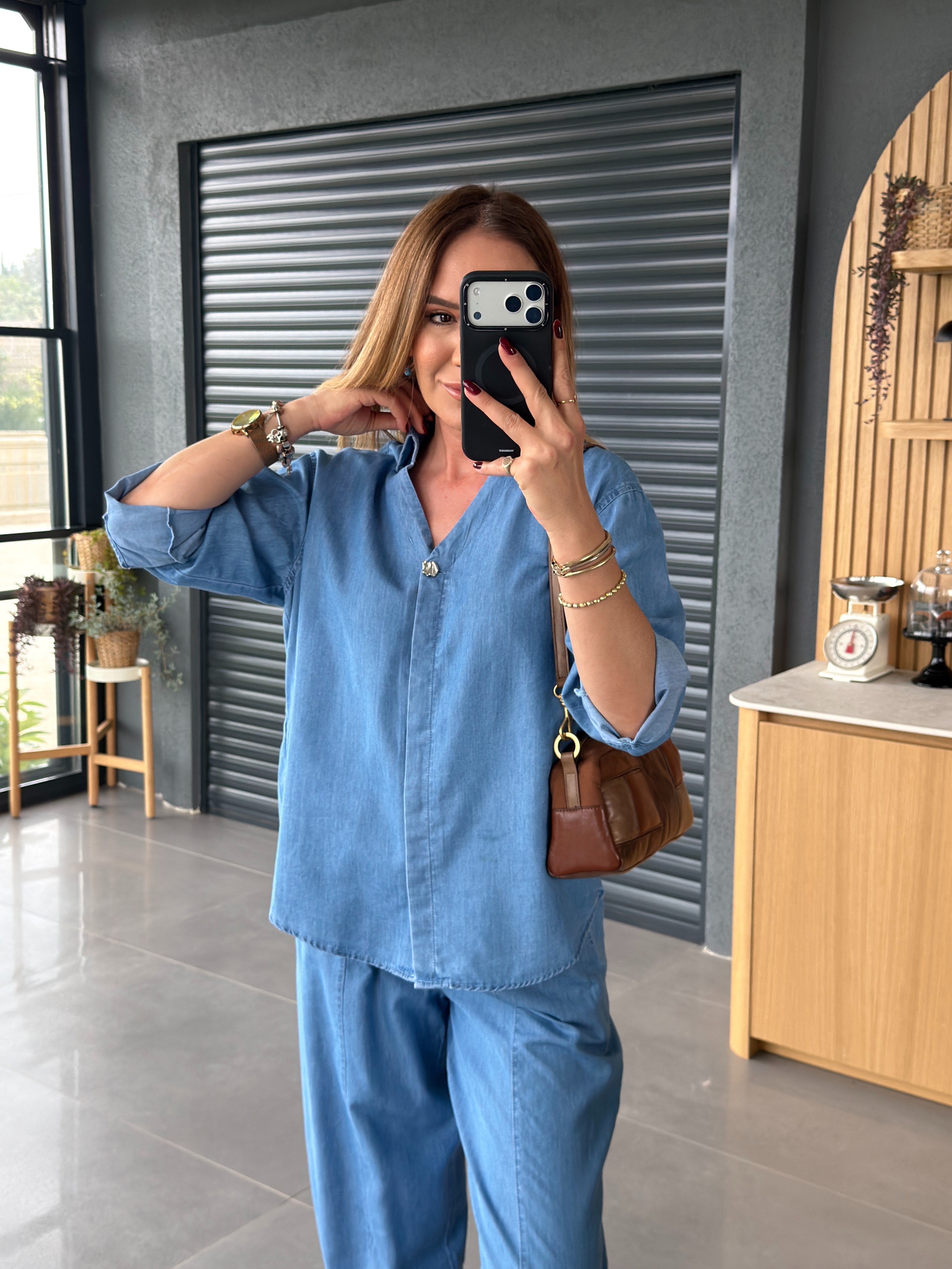İnce Denim Salaş Gömlekli Takım AÇIK MAVİ