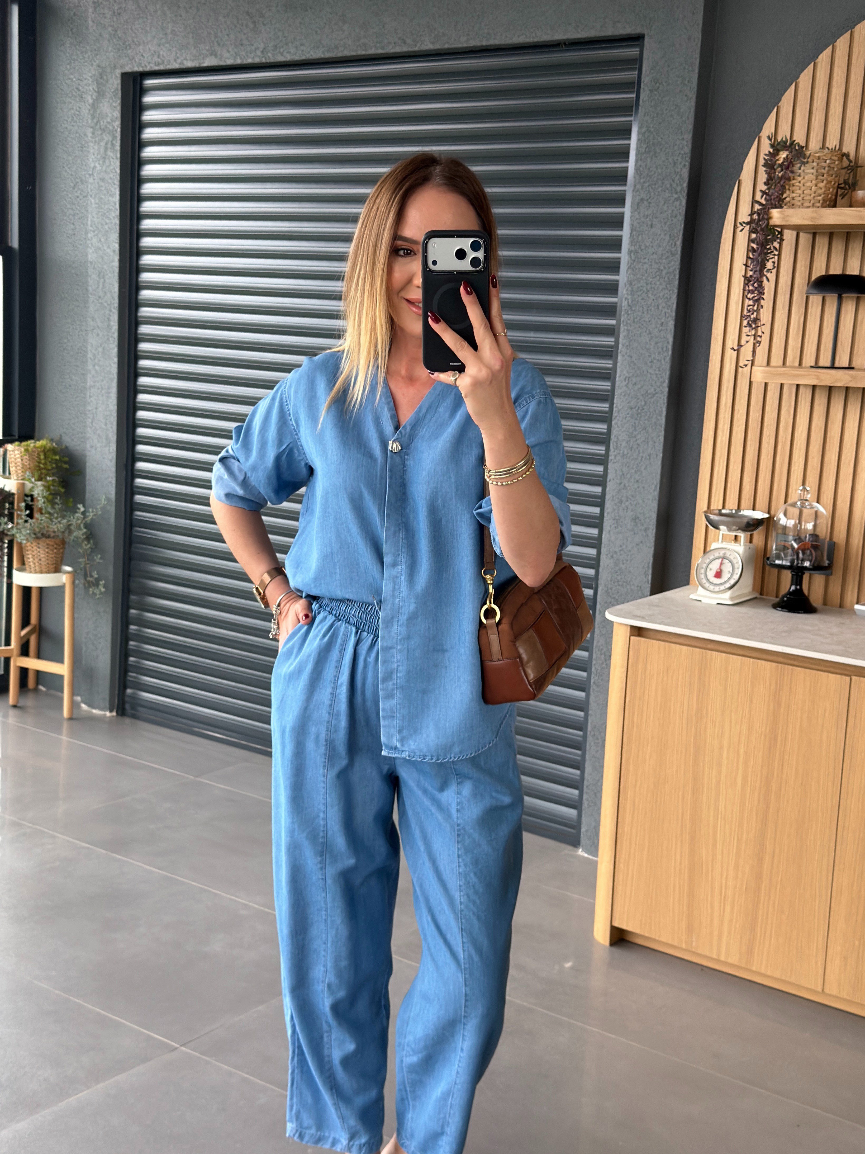İnce Denim Salaş Gömlekli Takım AÇIK MAVİ