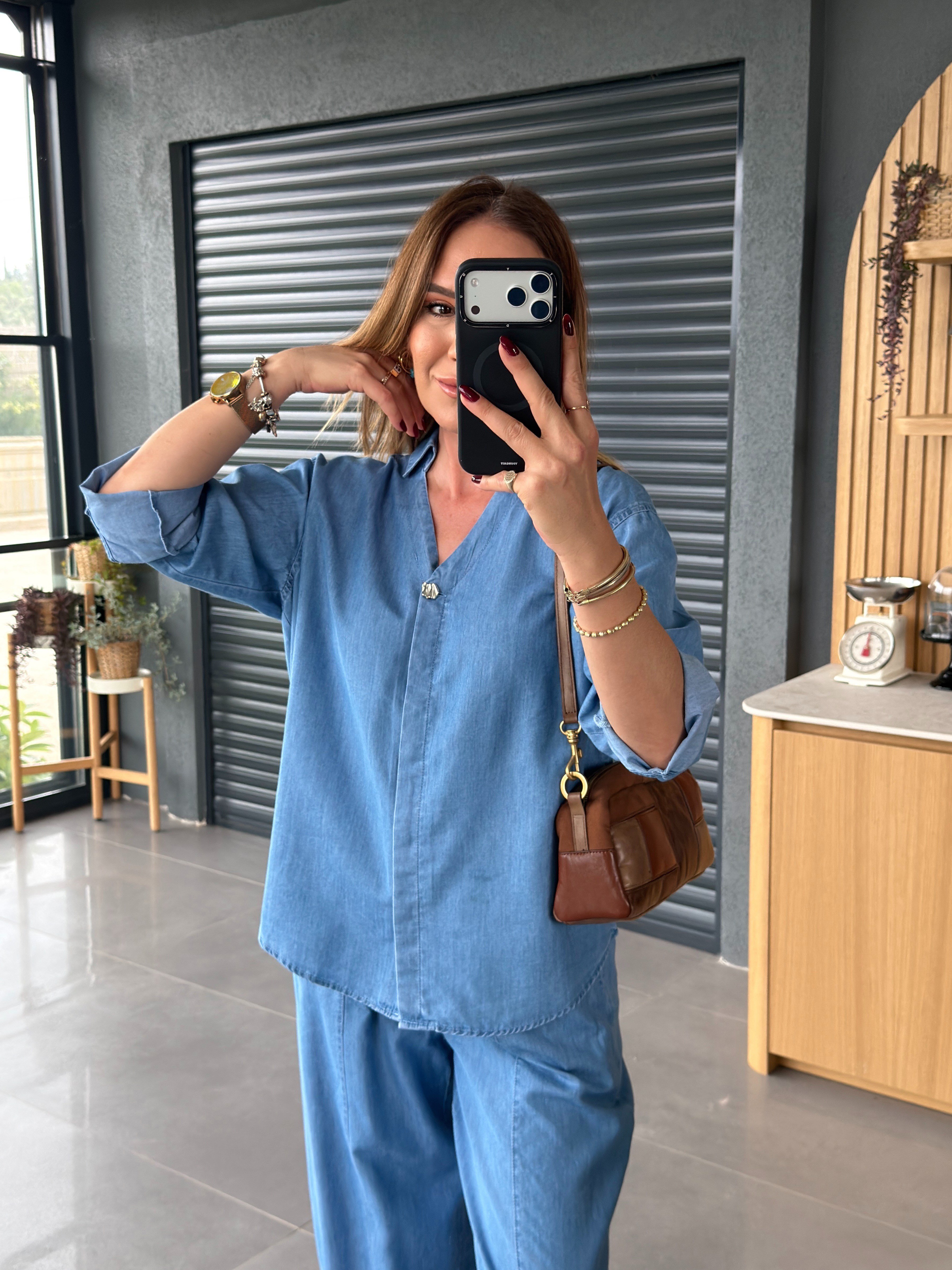 İnce Denim Salaş Gömlekli Takım AÇIK MAVİ