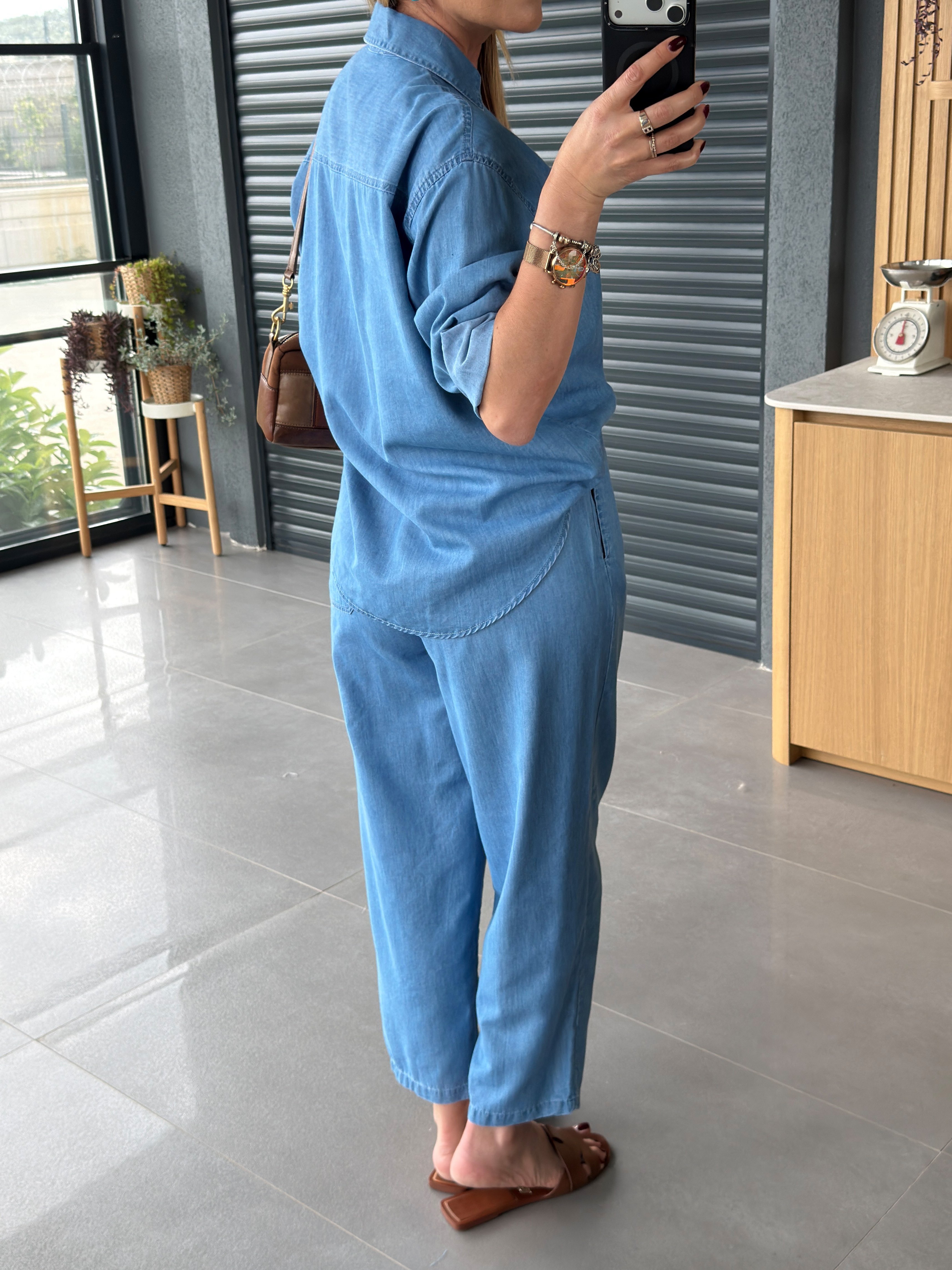 İnce Denim Salaş Gömlekli Takım AÇIK MAVİ