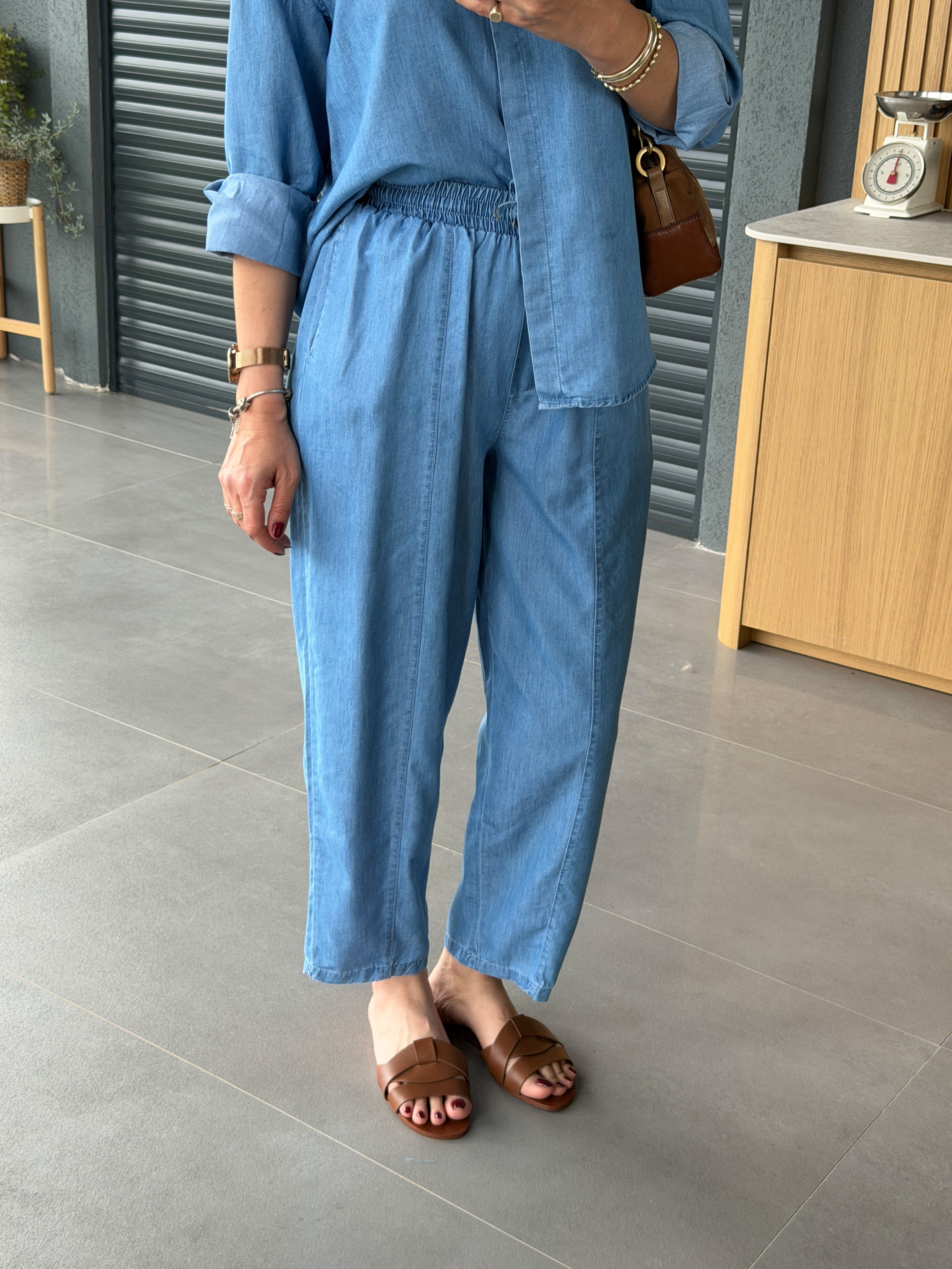 İnce Denim Salaş Gömlekli Takım AÇIK MAVİ