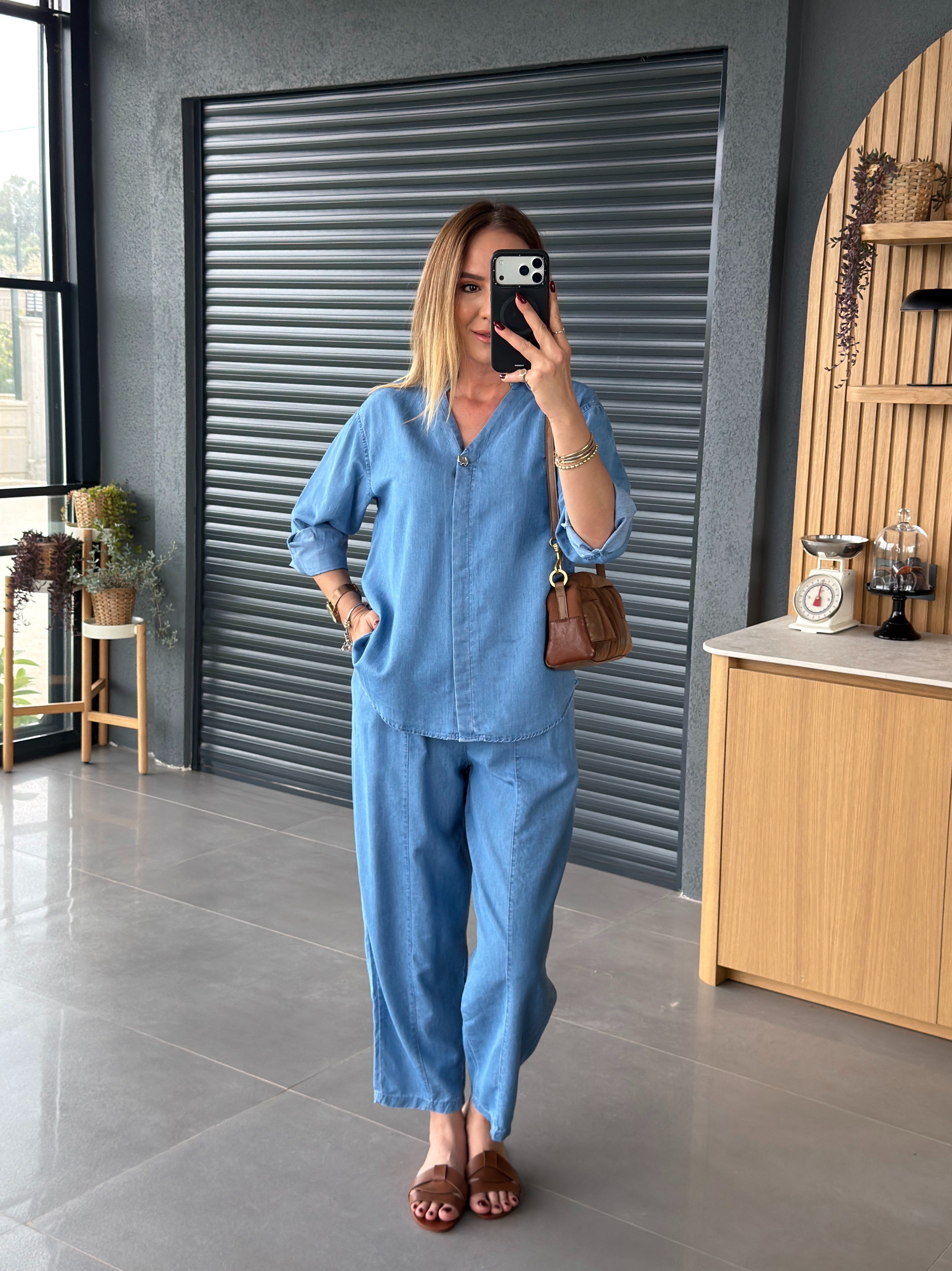 İnce Denim Salaş Gömlekli Takım AÇIK MAVİ