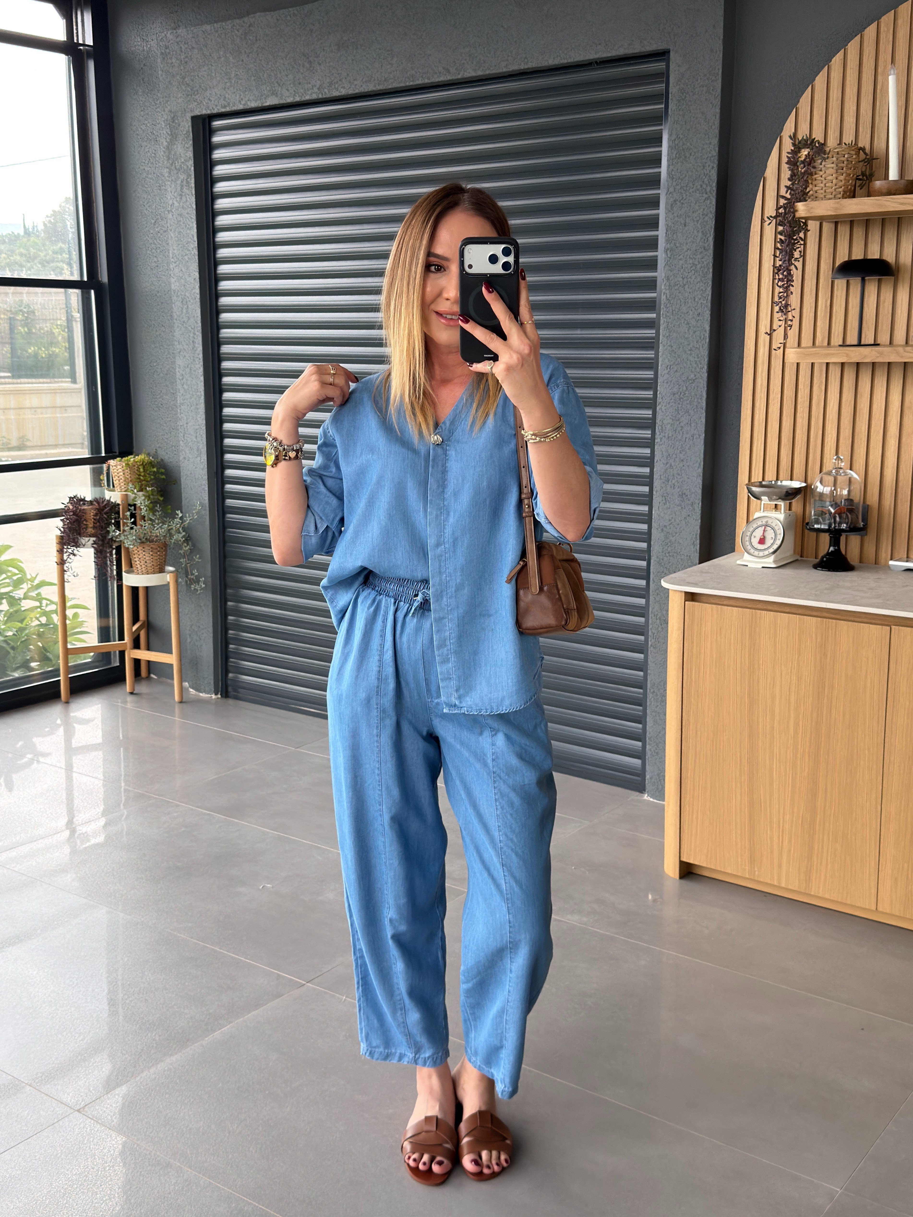 İnce Denim Salaş Gömlekli Takım AÇIK MAVİ