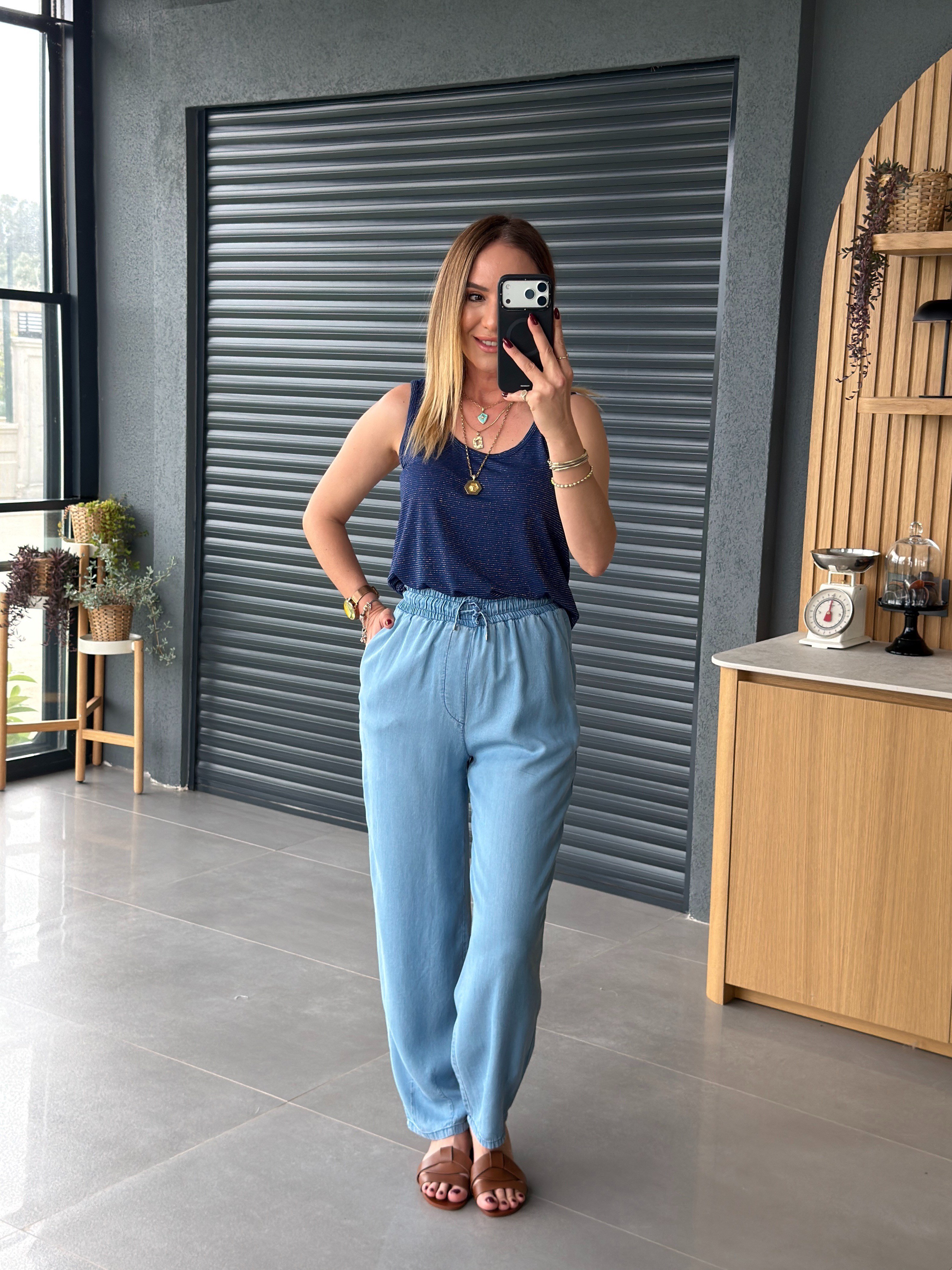İnce Palazzo Beli Lastikli Denim Pantolon MAVİ