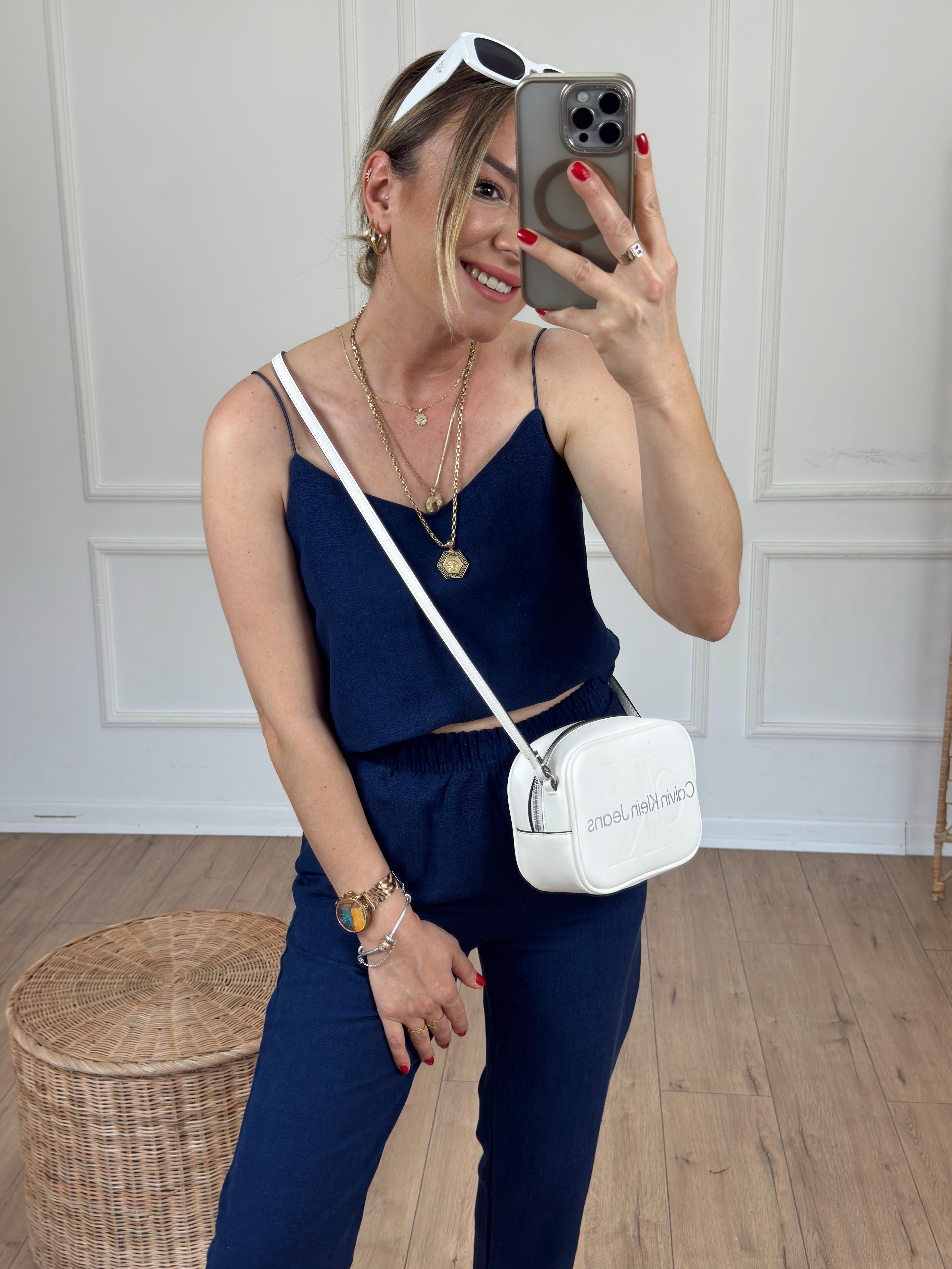 İp Askılı Keten Bluz LACİVERT