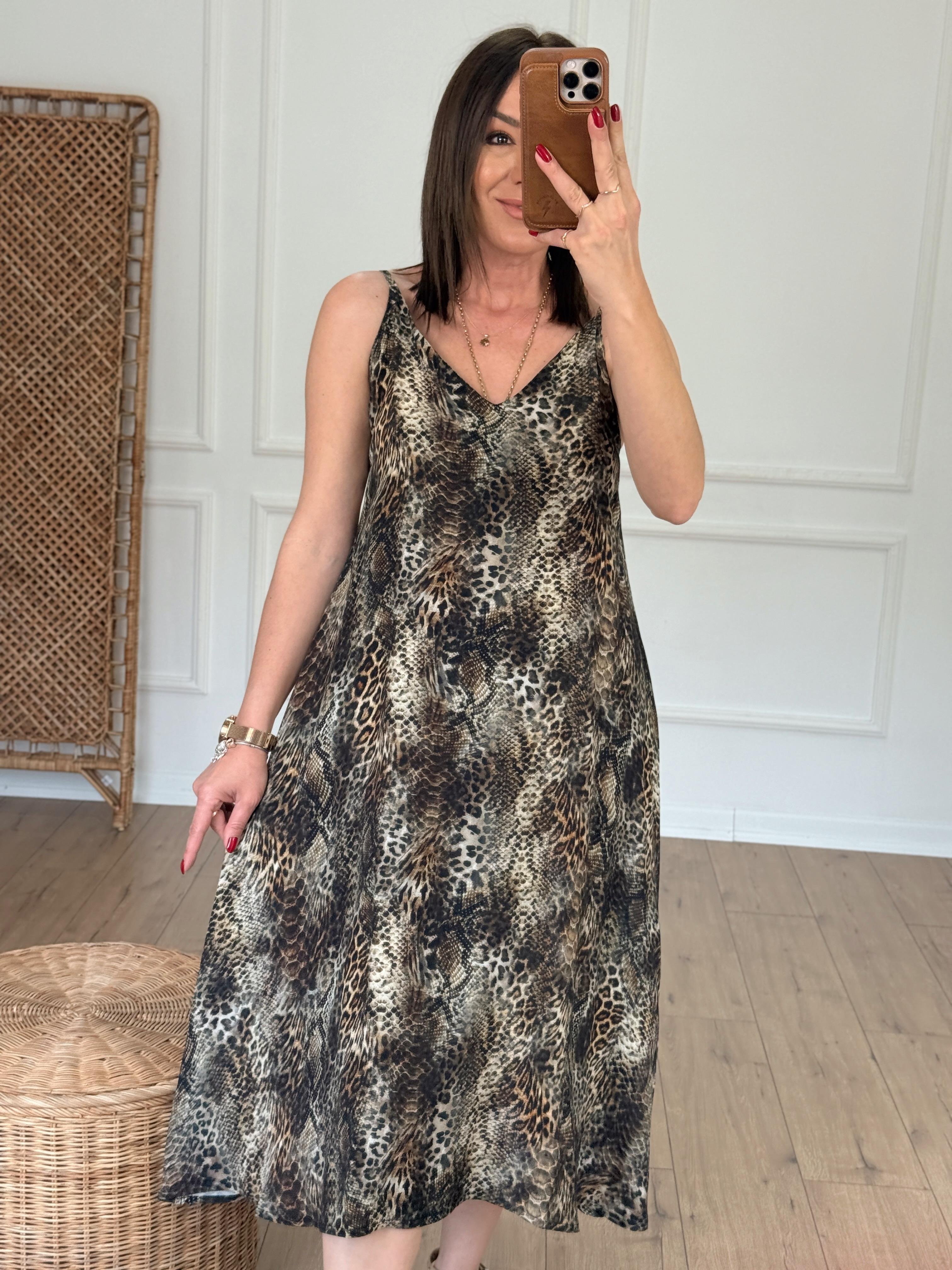 İp Askılı Leopar Desen Elbise HAKİ