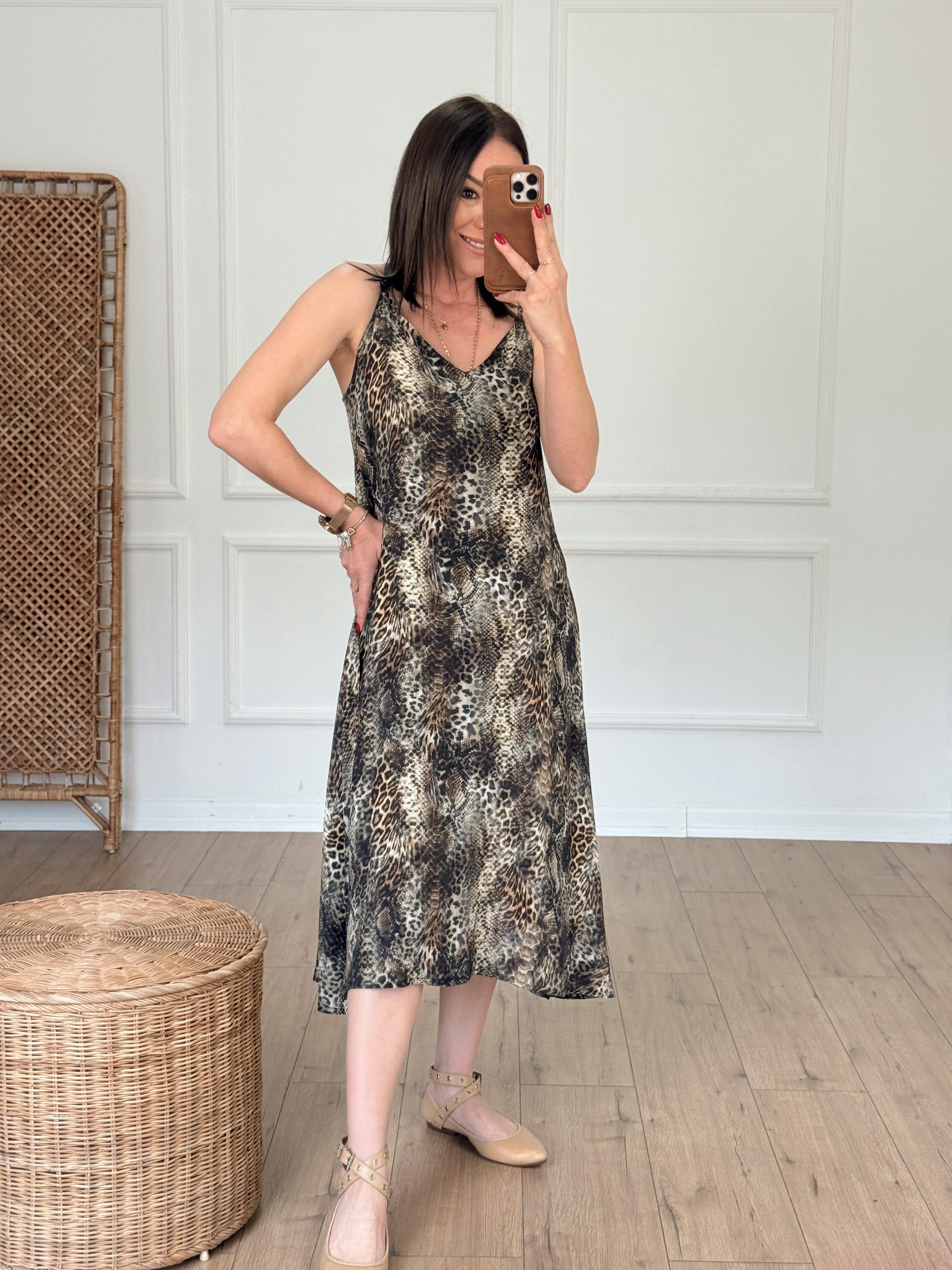 İp Askılı Leopar Desen Elbise HAKİ