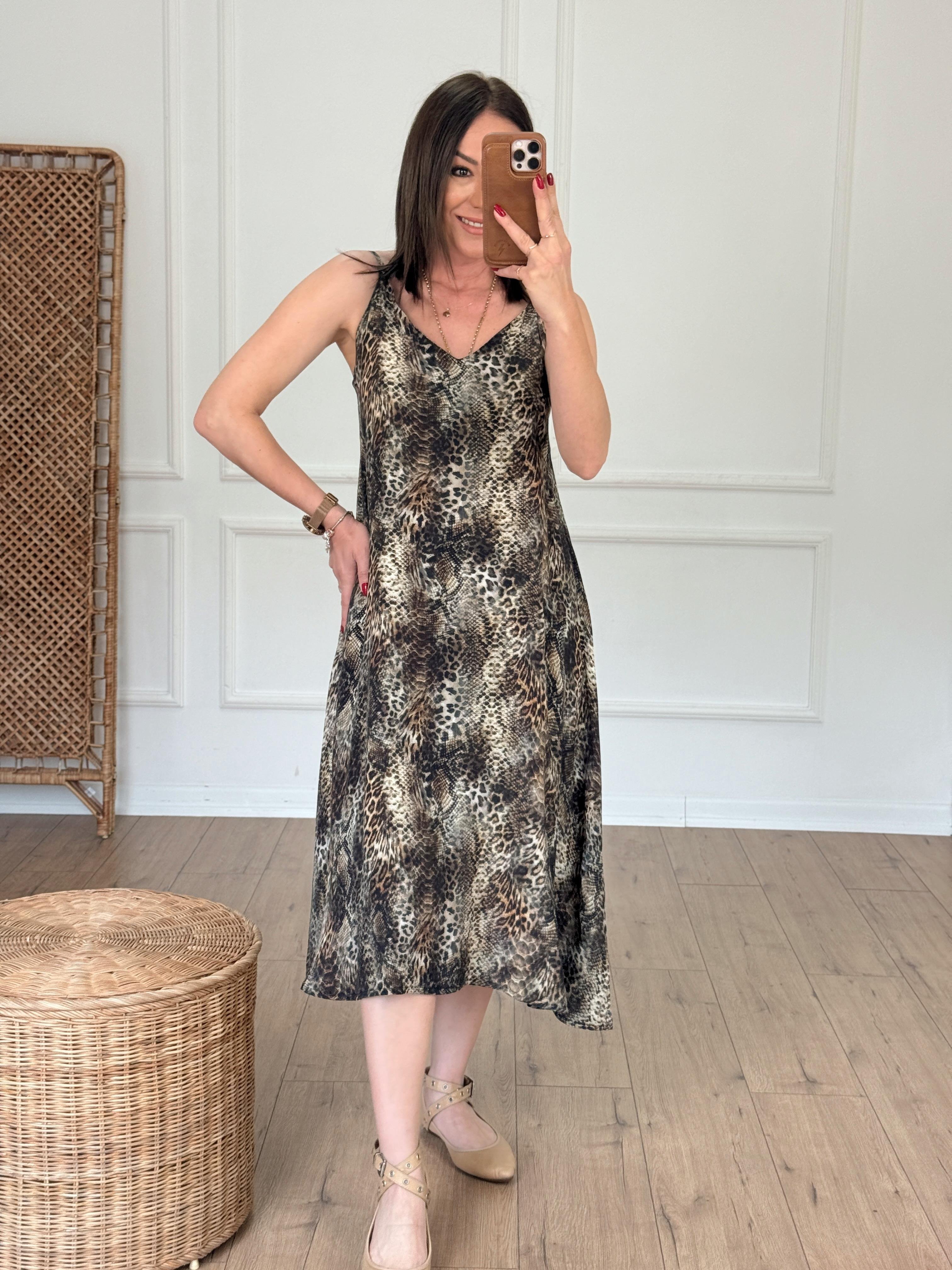 İp Askılı Leopar Desen Elbise HAKİ