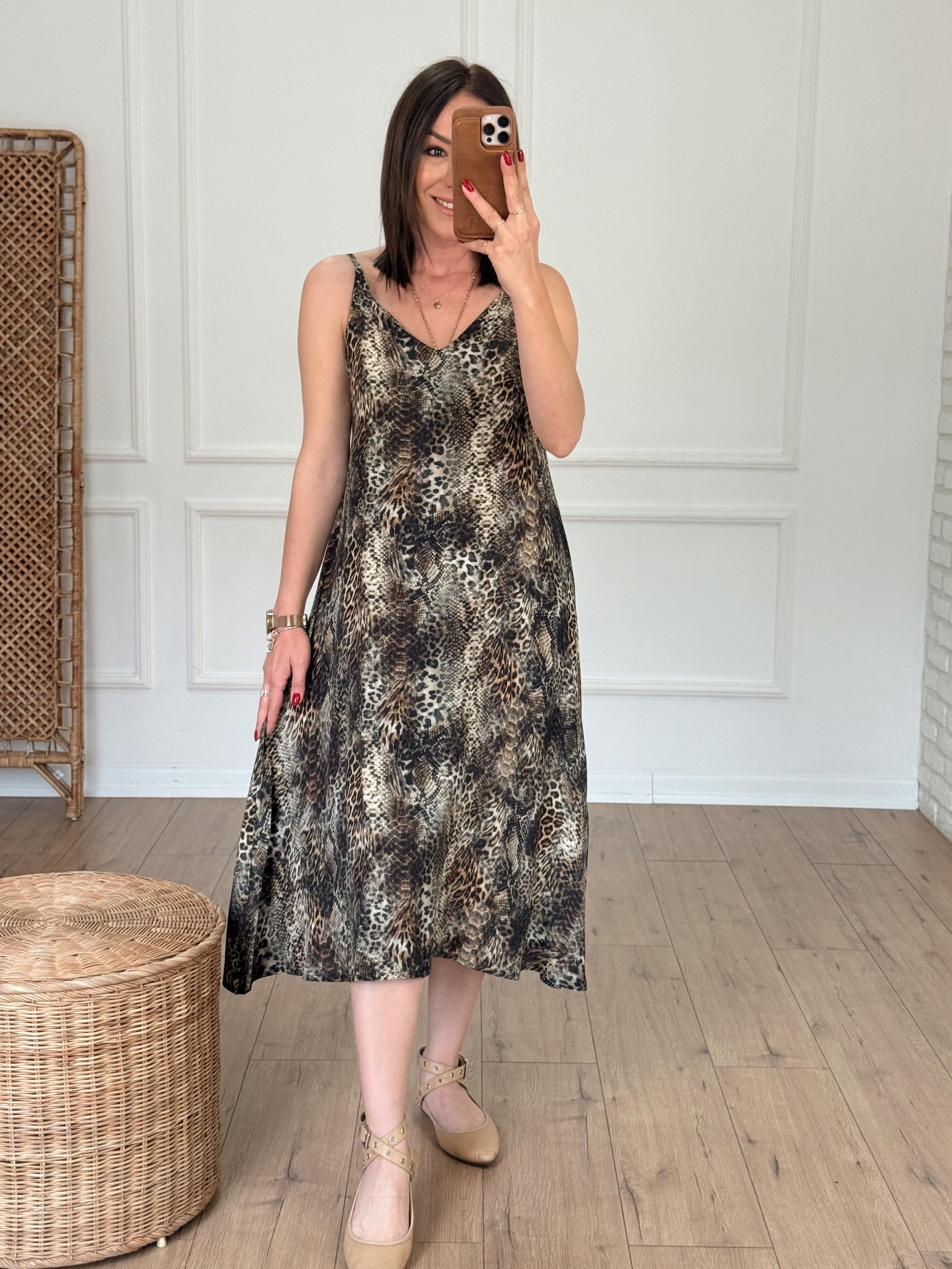 İp Askılı Leopar Desen Elbise HAKİ