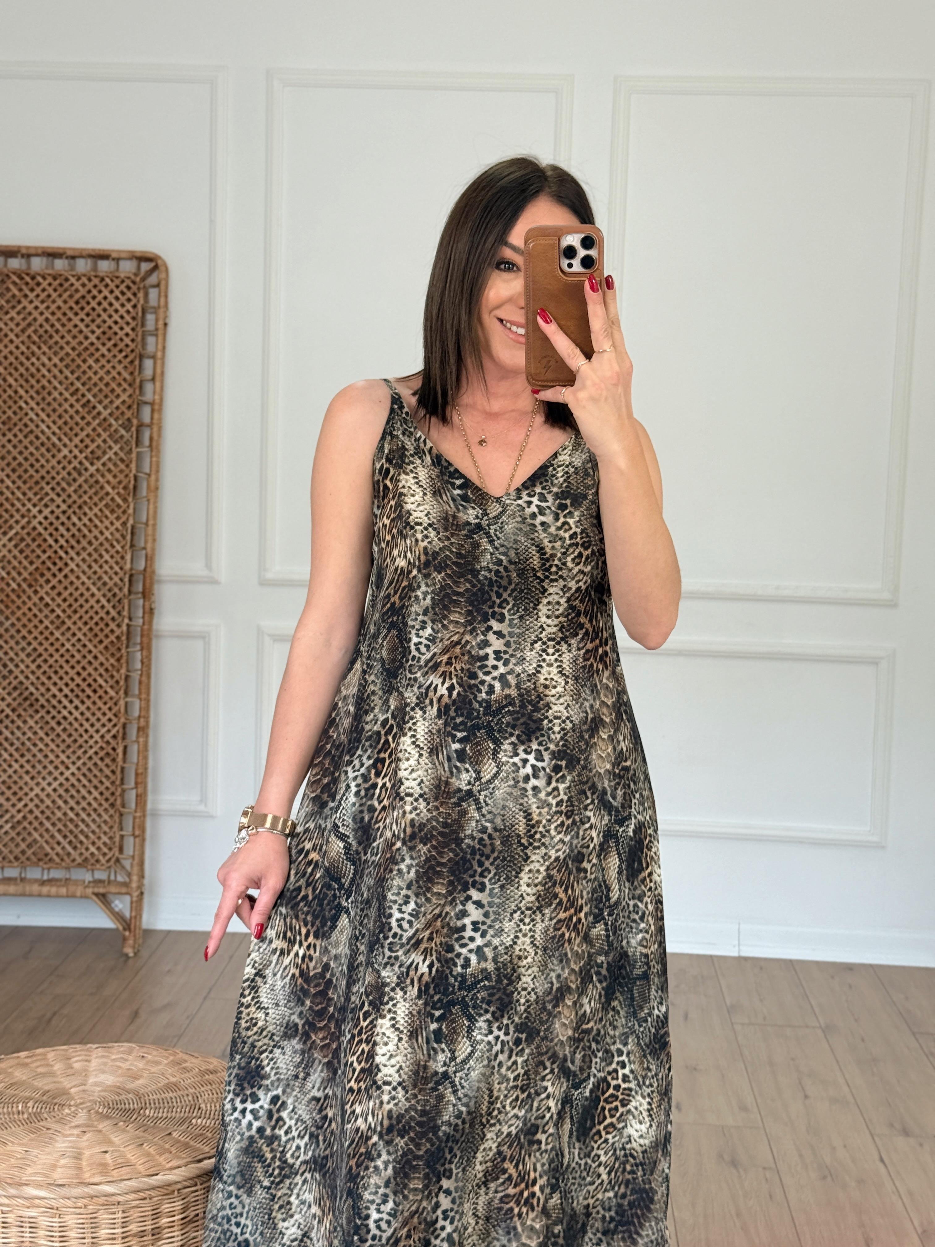 İp Askılı Leopar Desen Elbise HAKİ