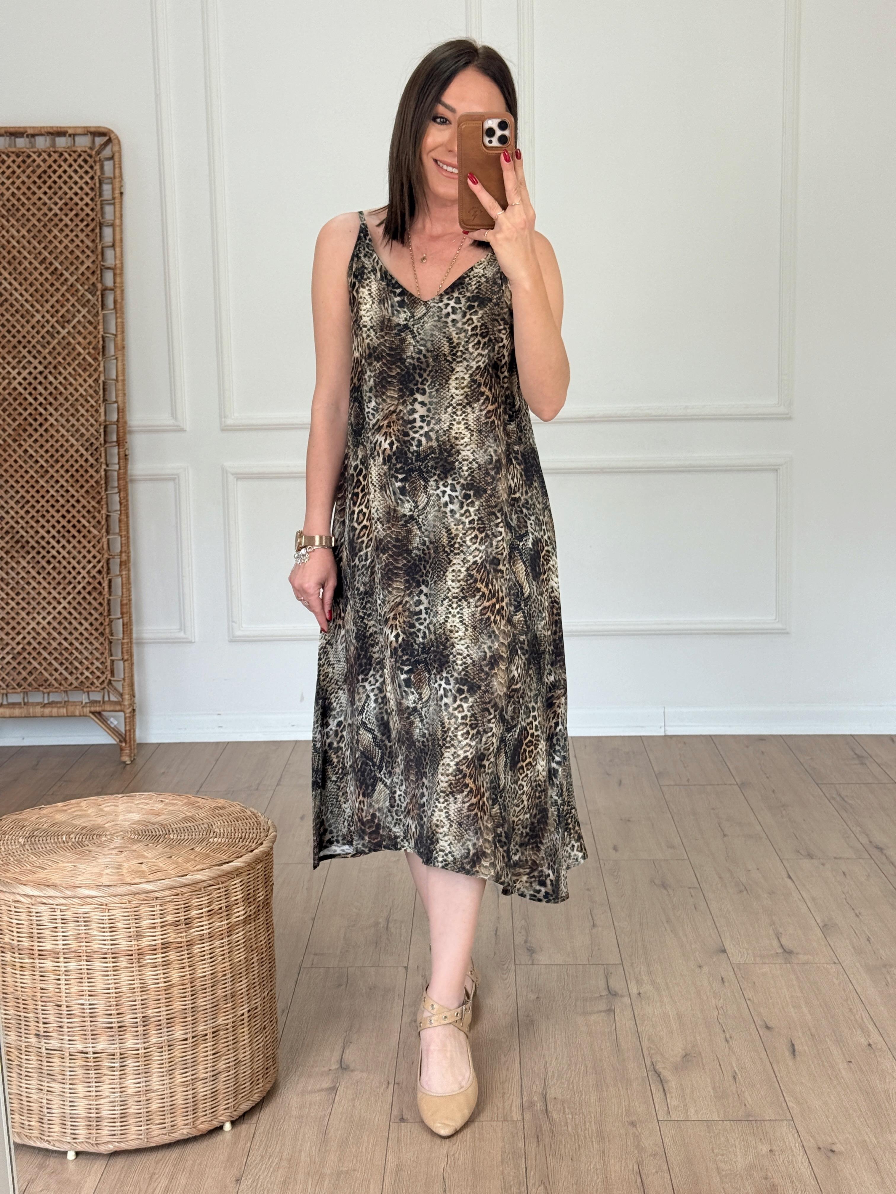 İp Askılı Leopar Desen Elbise HAKİ