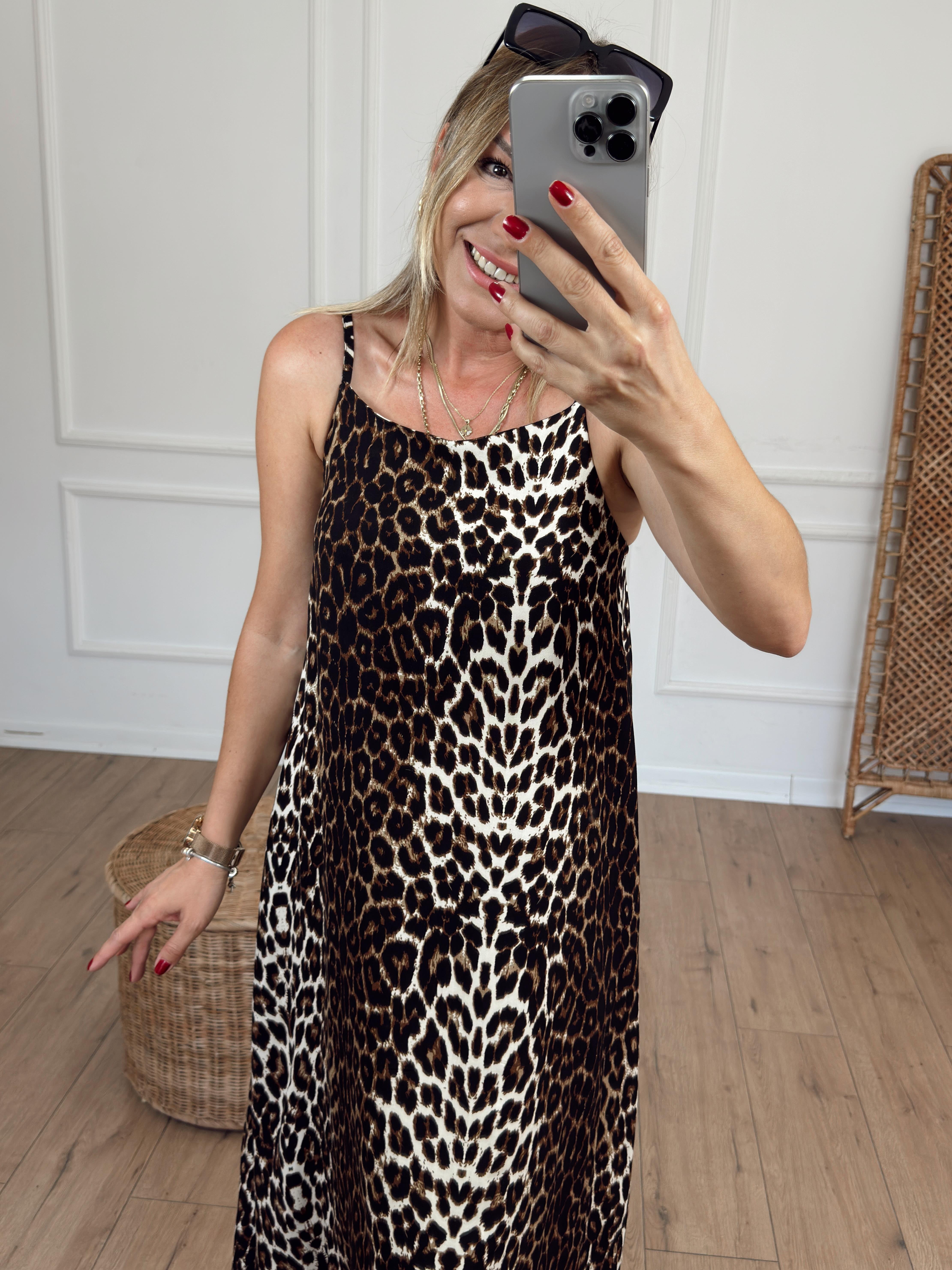 İp Askılı Leopar Elbise KAHVE