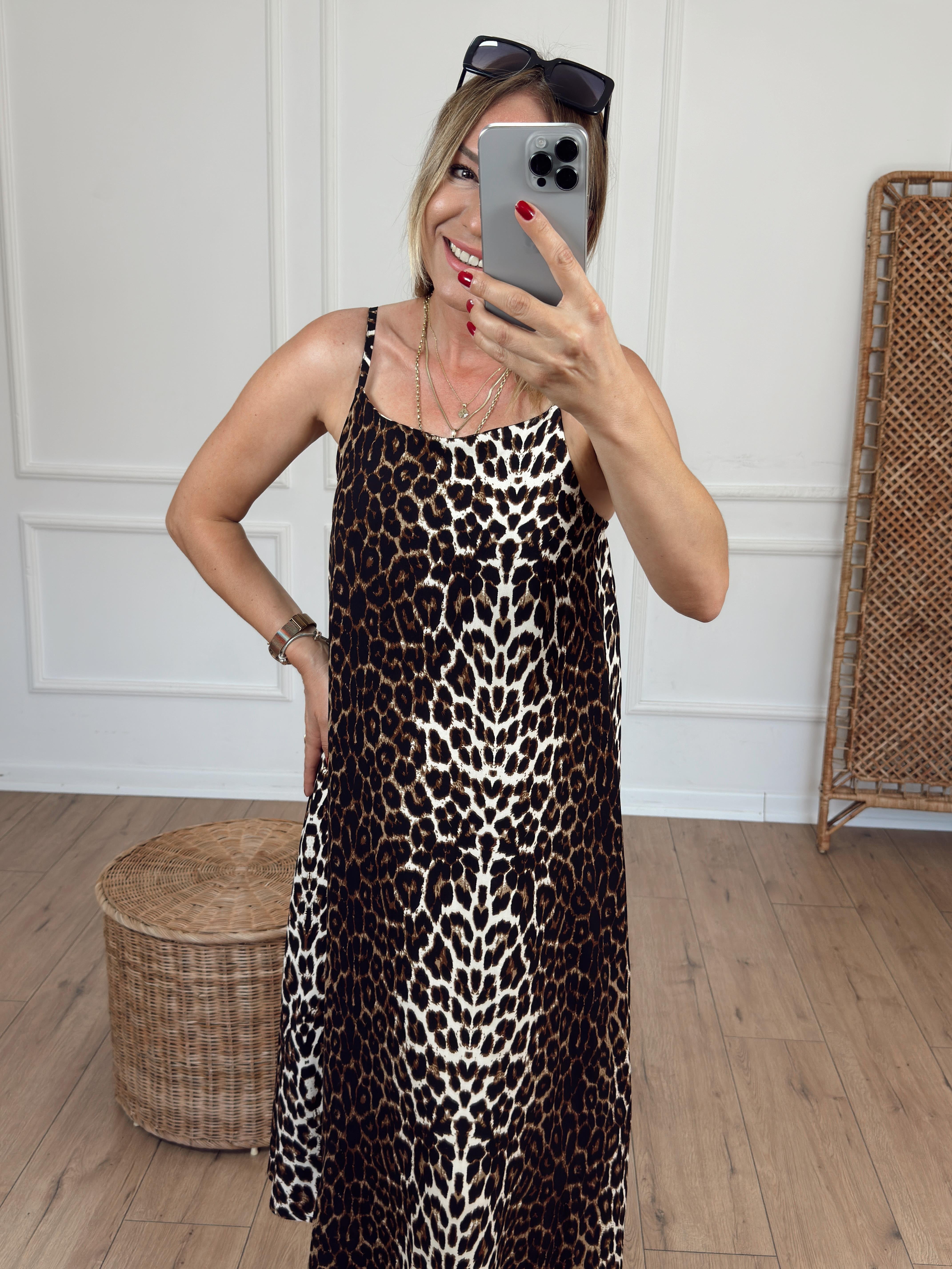 İp Askılı Leopar Elbise KAHVE