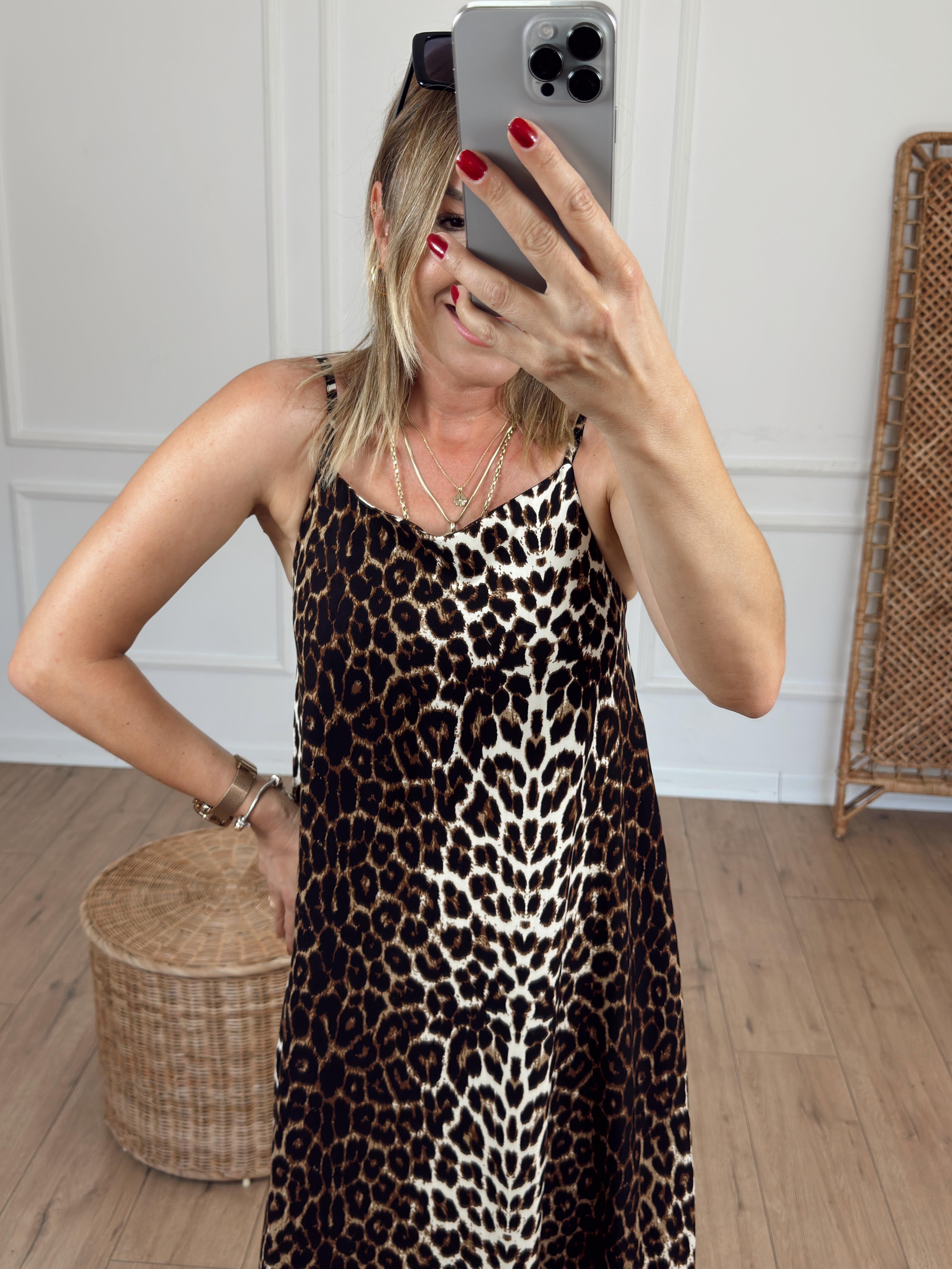 İp Askılı Leopar Elbise KAHVE