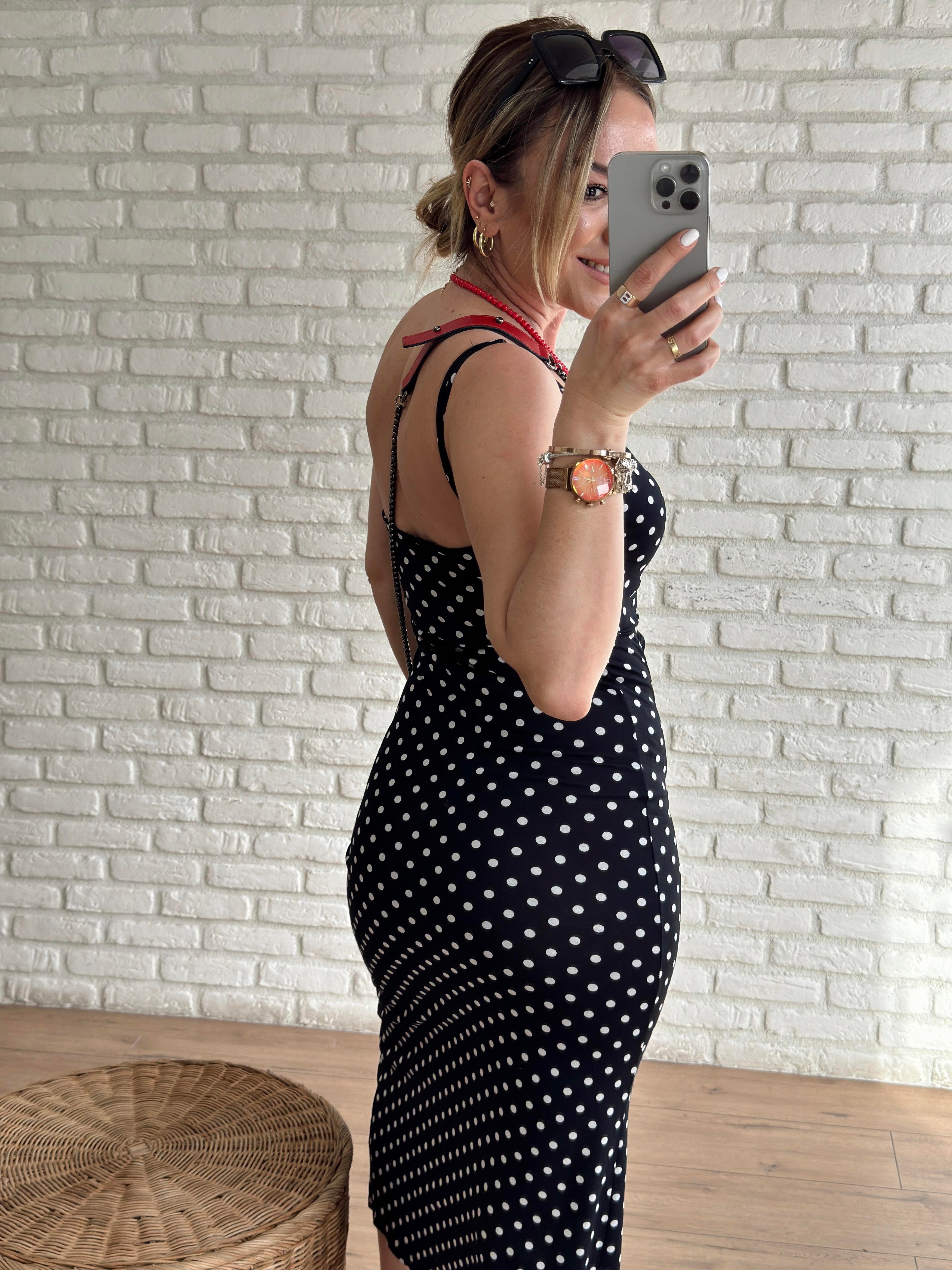 İp Askılı Puantiyeli Elbise SİYAH