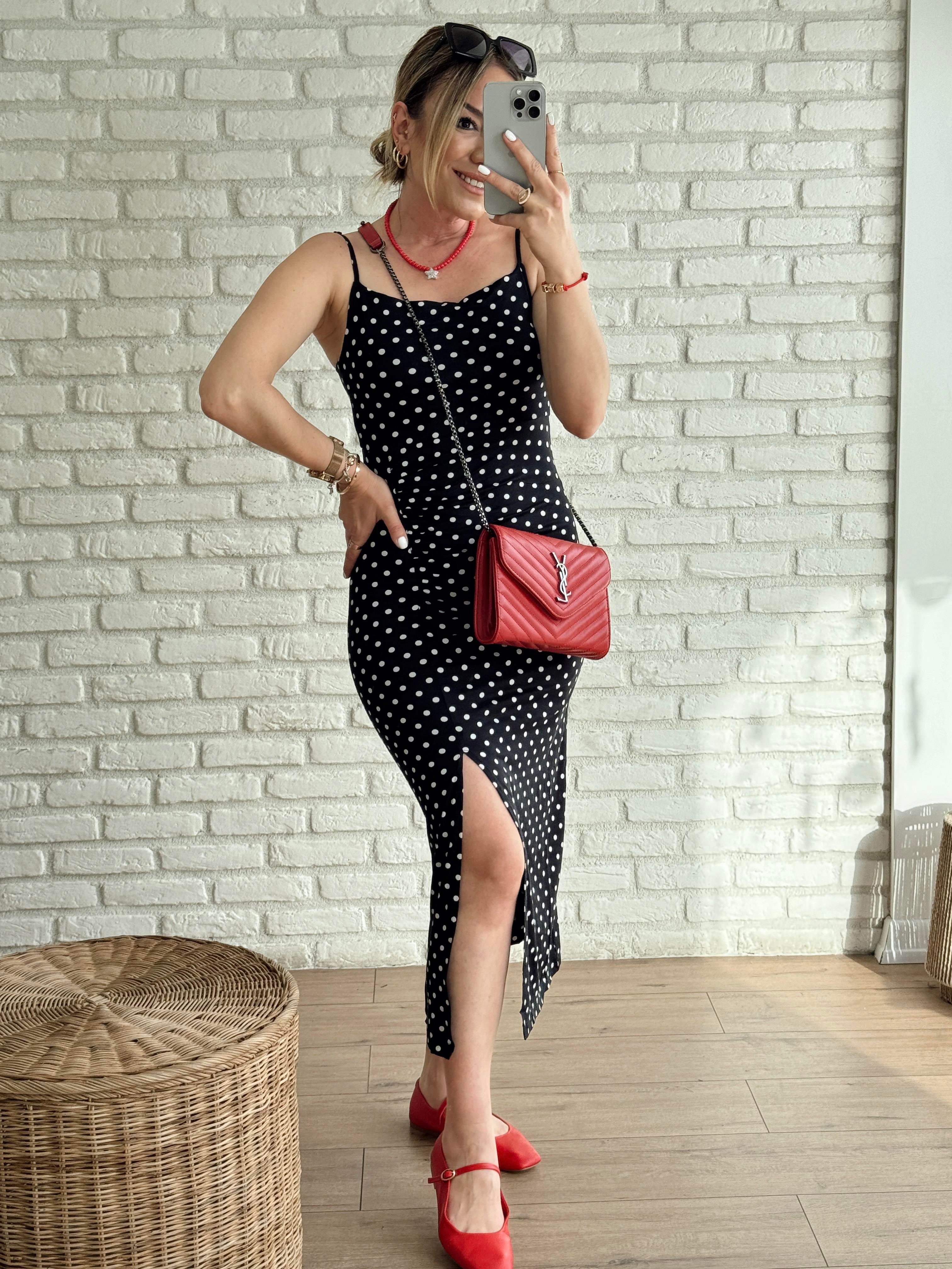 İp Askılı Puantiyeli Elbise SİYAH