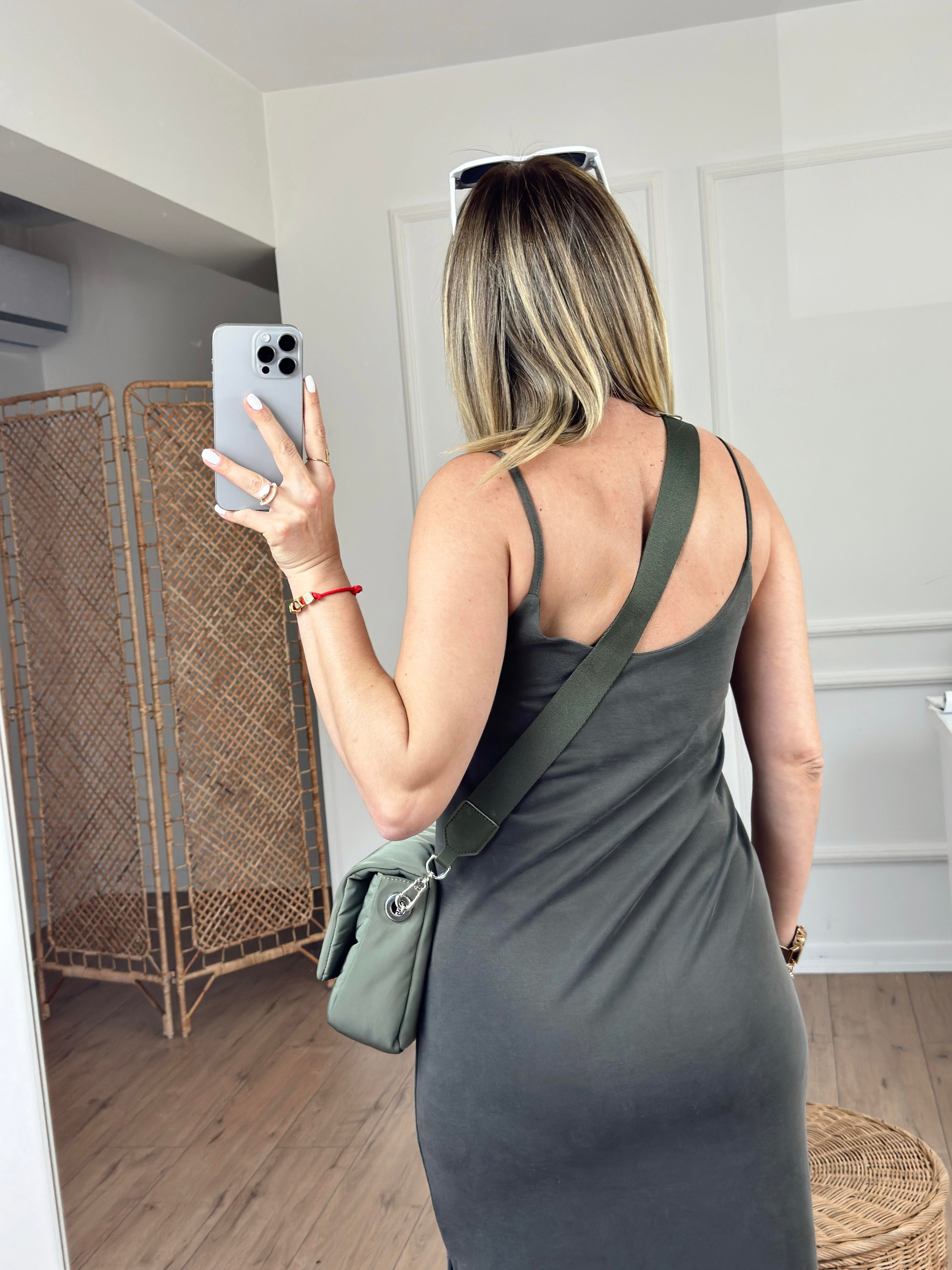 İp Askılı Yanları Yırtmaçlı Elbise HAKİ