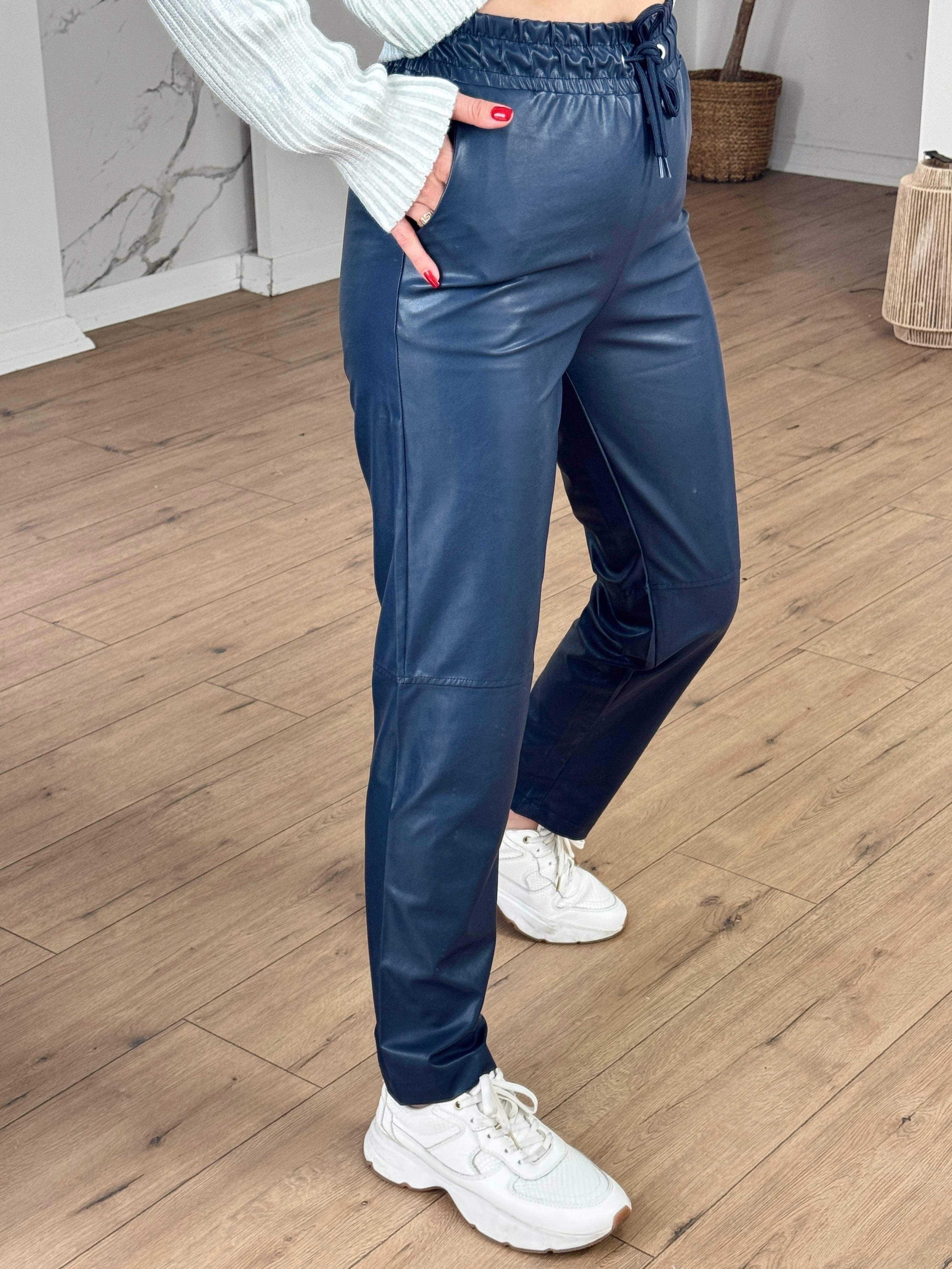 Jogger Beli Bağcıklı Deri Pantolon LACİVERT