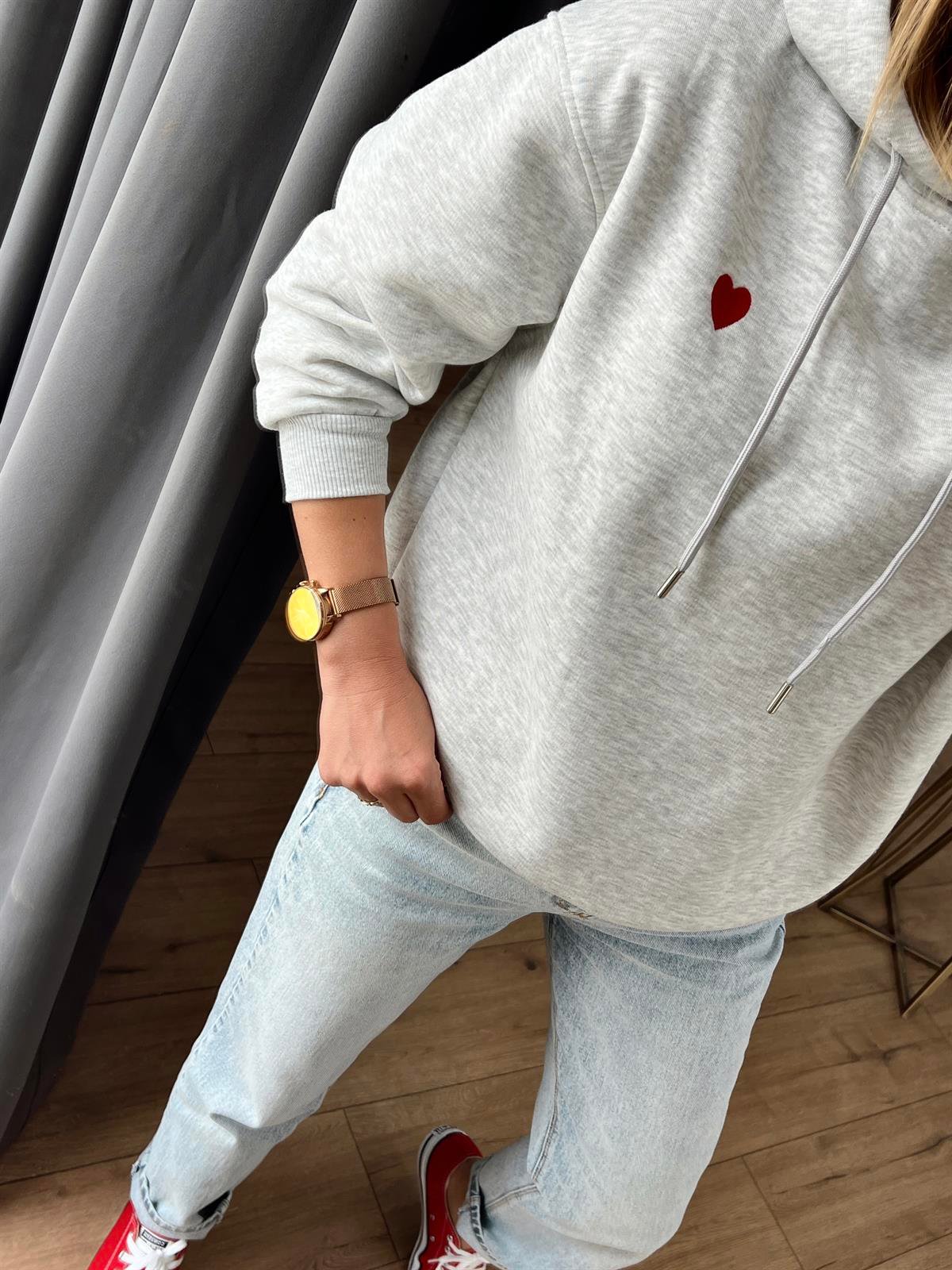 Kalp Nakışlı Kapüşonlu Sweat GRİ