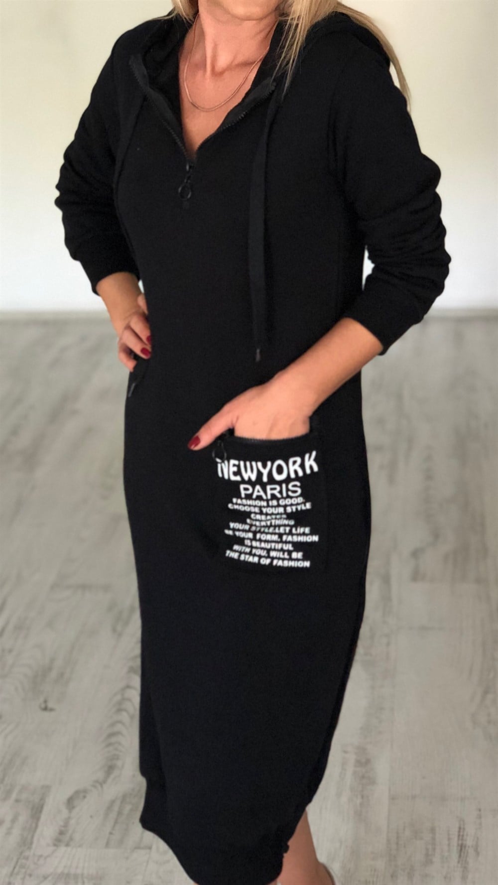 Kapuşonlu Fermuarlı Sweat Elbise 
