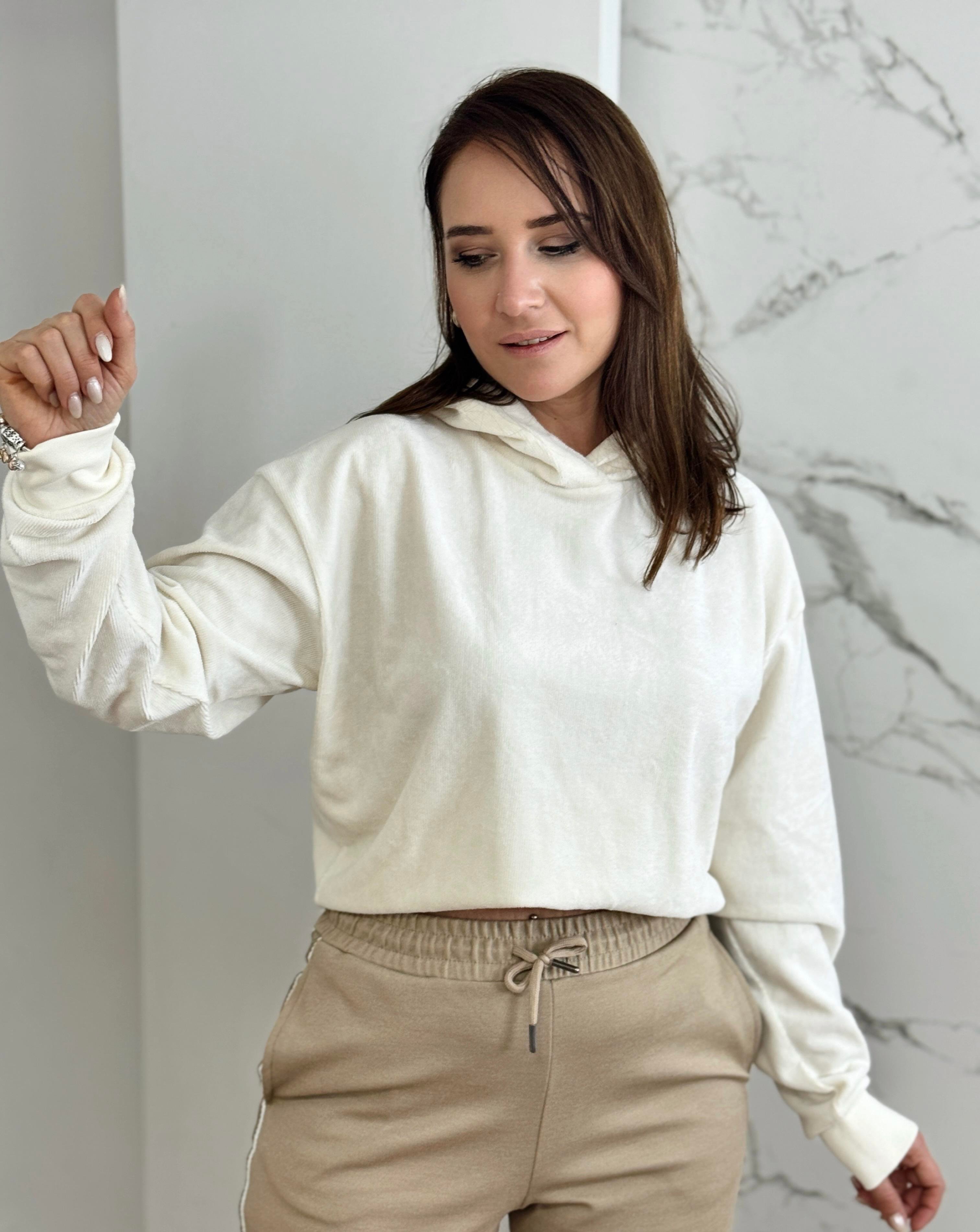 KAPÜŞONLU KADİFE KUMAŞ SWEAT EKRU