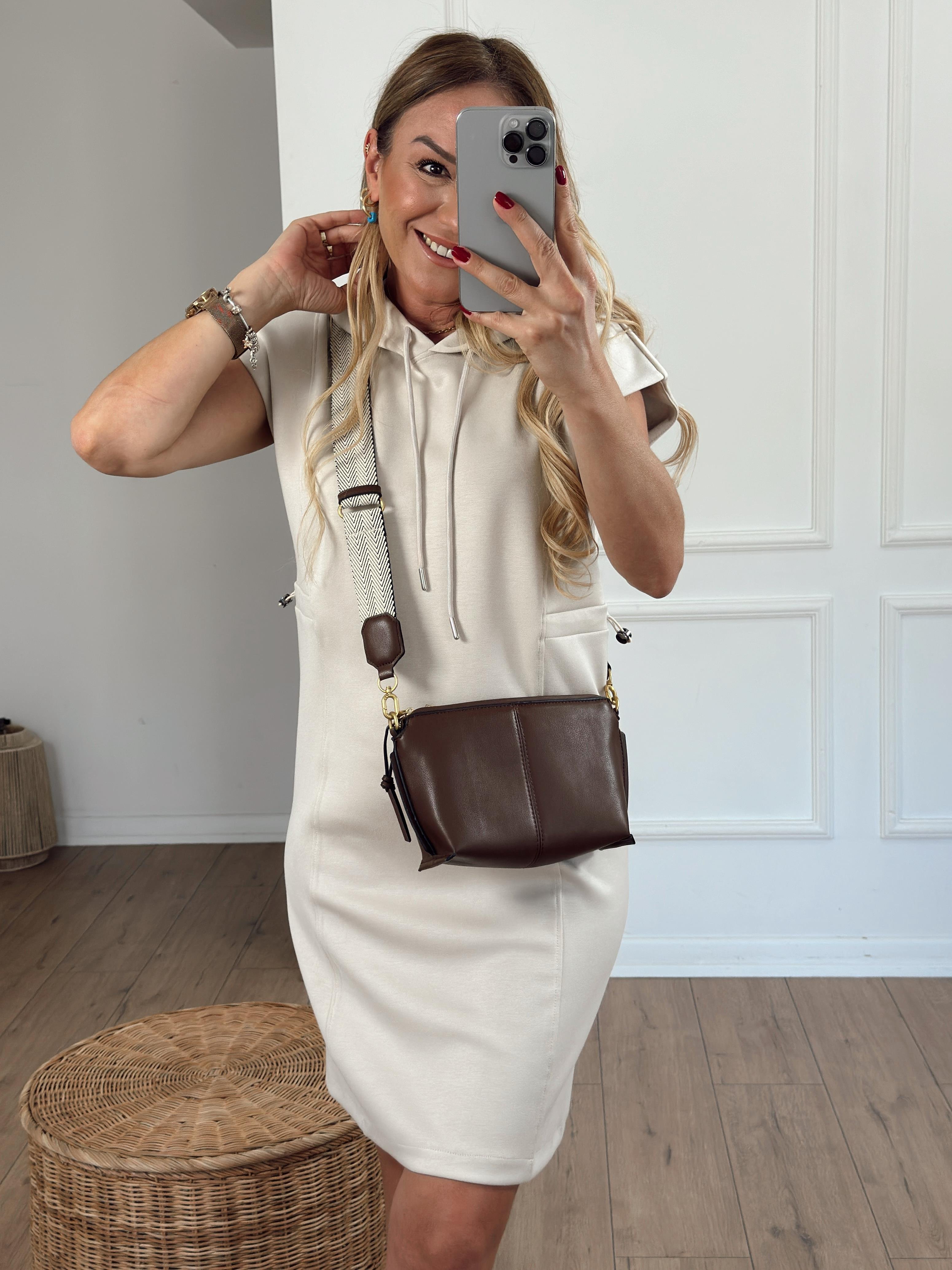 Kapüşonlu Kolsuz Modal Elbise BEJ