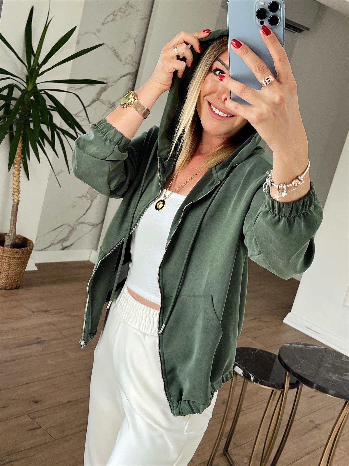 Kapüşonlu Modal Ceket HAKİ