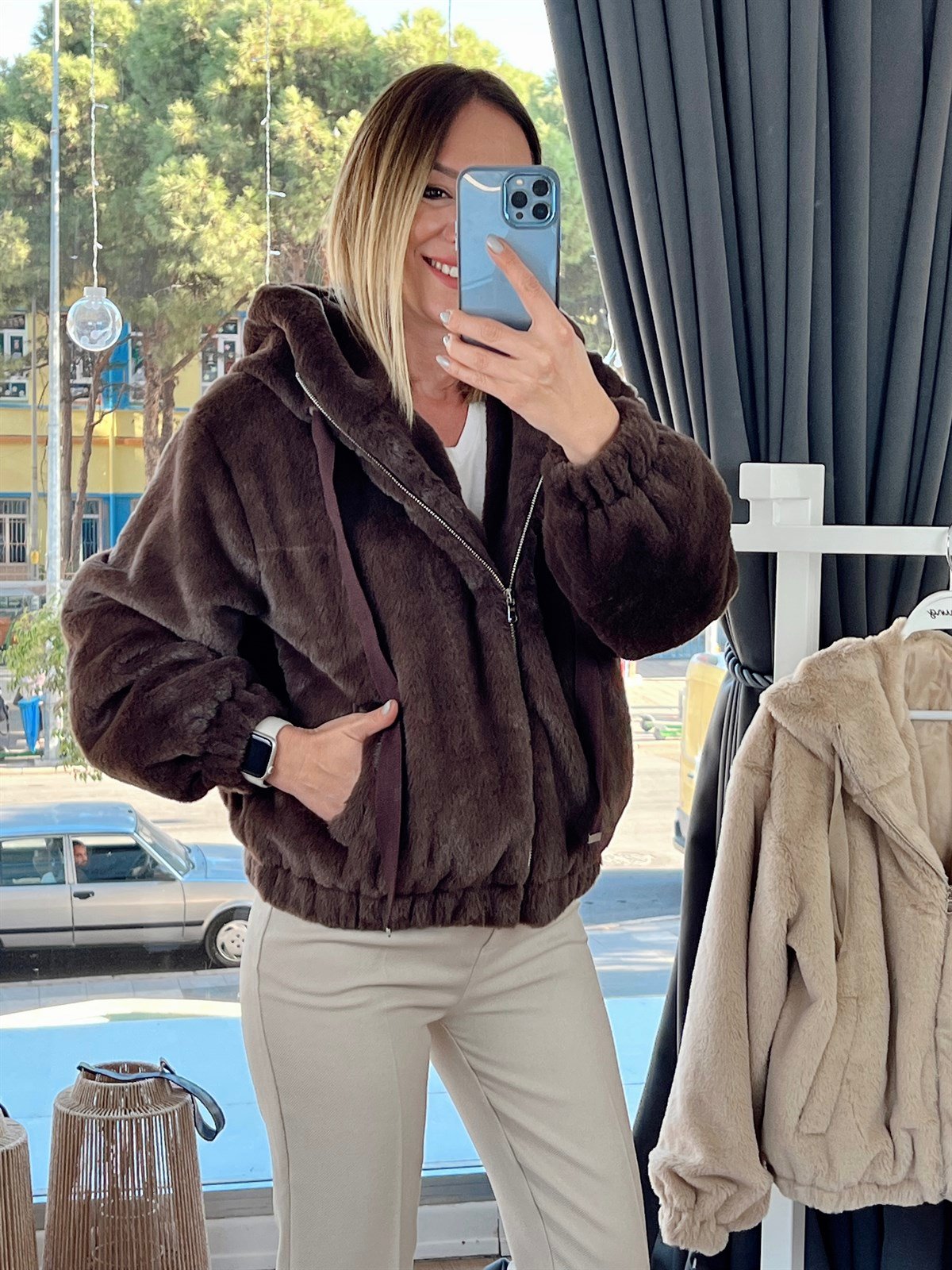Kapüşonlu Peluş Mont Kahverengi