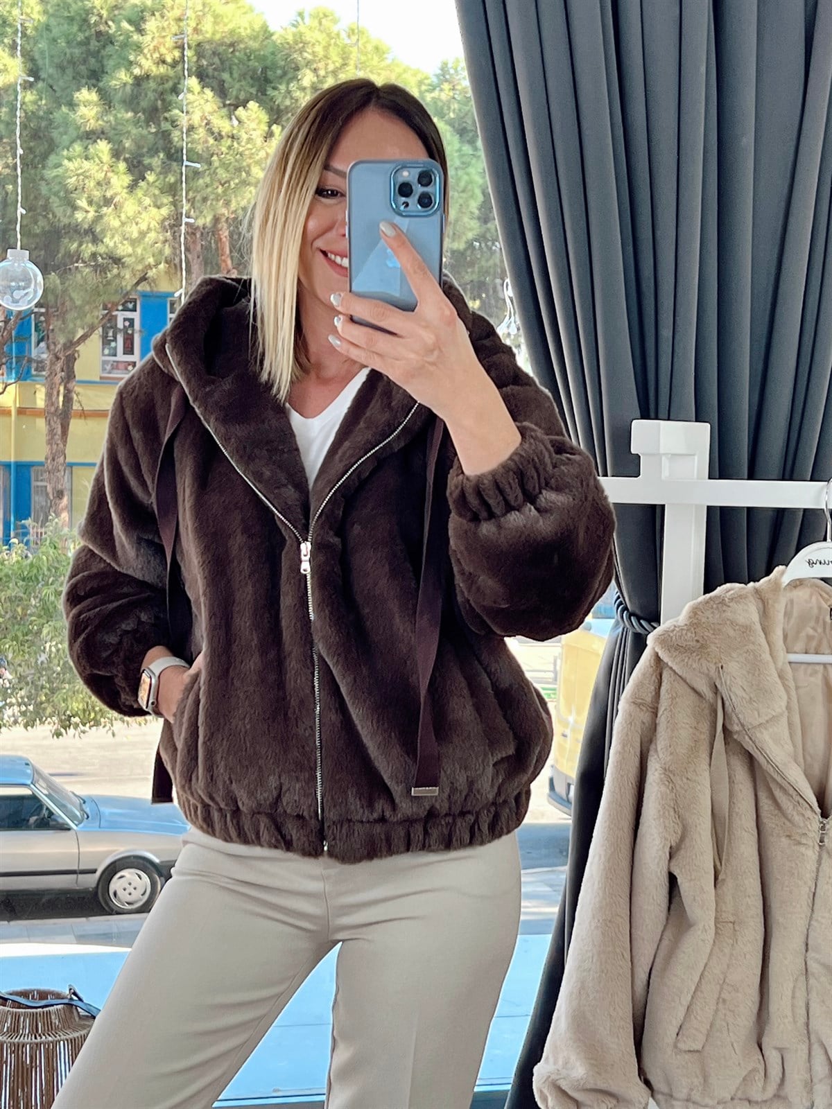 Kapüşonlu Peluş Mont Kahverengi