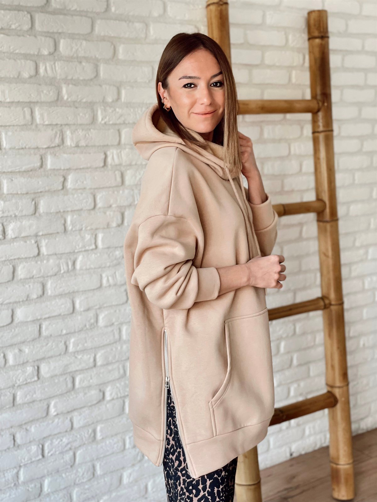 Kapüşonlu Sweat Bej