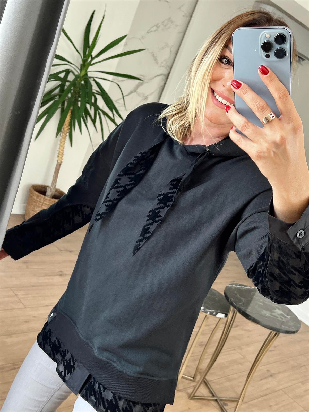 Kapüşonlu Tül Detaylı Sweat SİYAH
